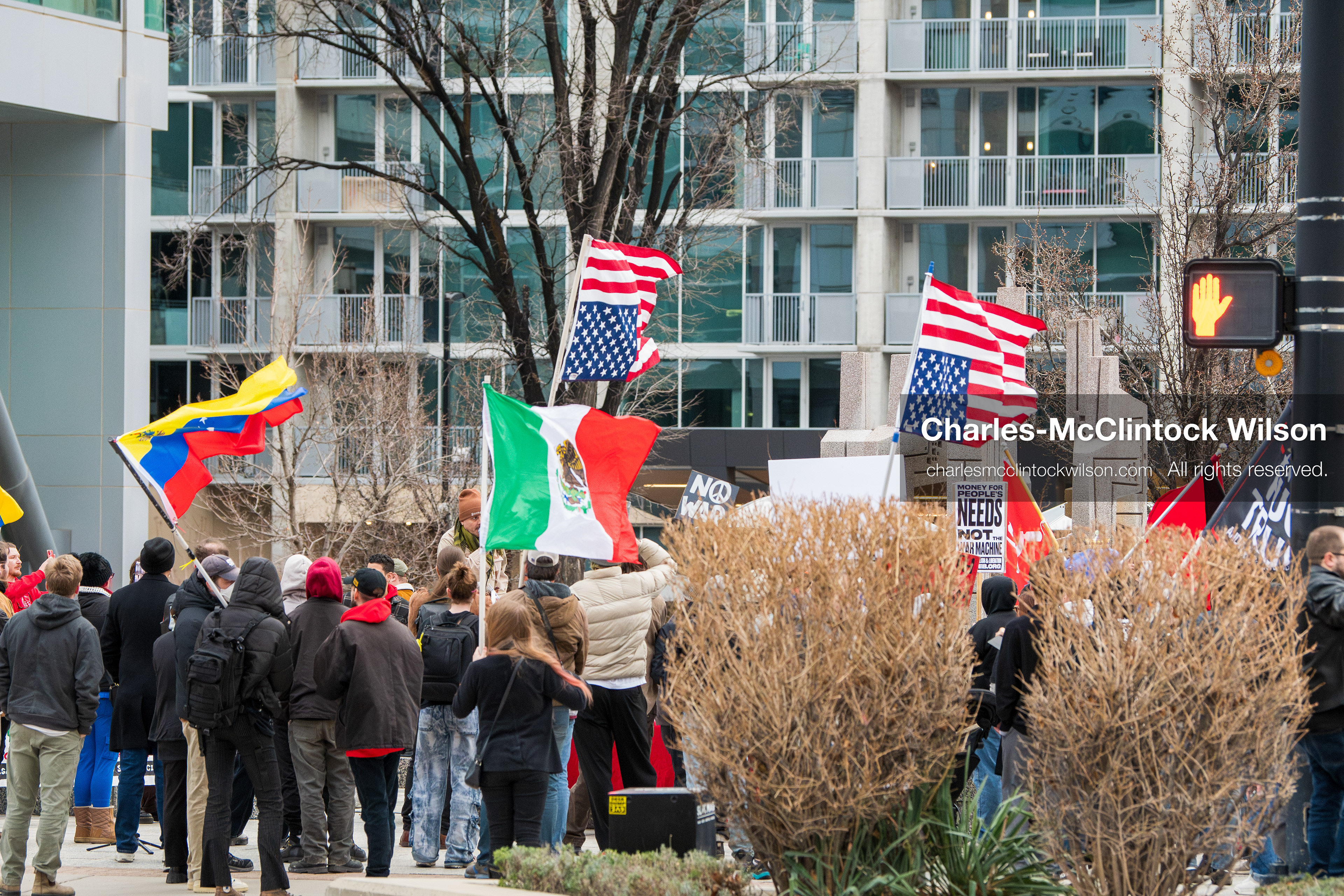 January 3, 2026, Salt Lake City, Utah, USA: Protesters hold signs during an emergency demonstration against US action in Venezuela outside the Wallace Federal Building in Salt Lake City, Utah. The event was part of a nationwide mobilization responding to recent military developments. (Credit Image: (c) Charles‑McClintock Wilson/ZUMA Press Wire)