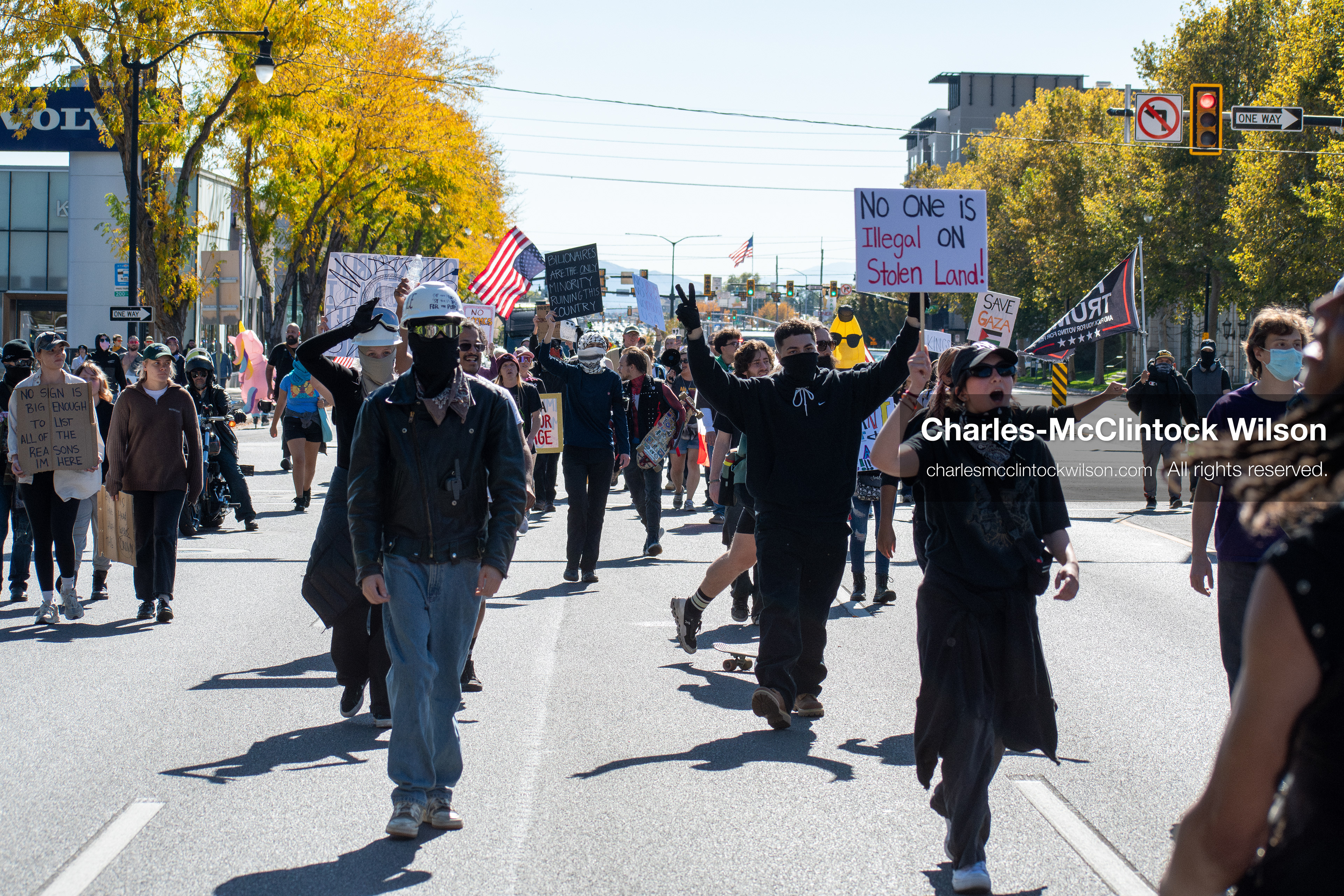October 18, 2025, Salt Lake City, Utah, USA: Demonstrators march along South State Street during a "No Kings" protest in Salt Lake City, Utah. The protest was part of a nationwide mobilization.
