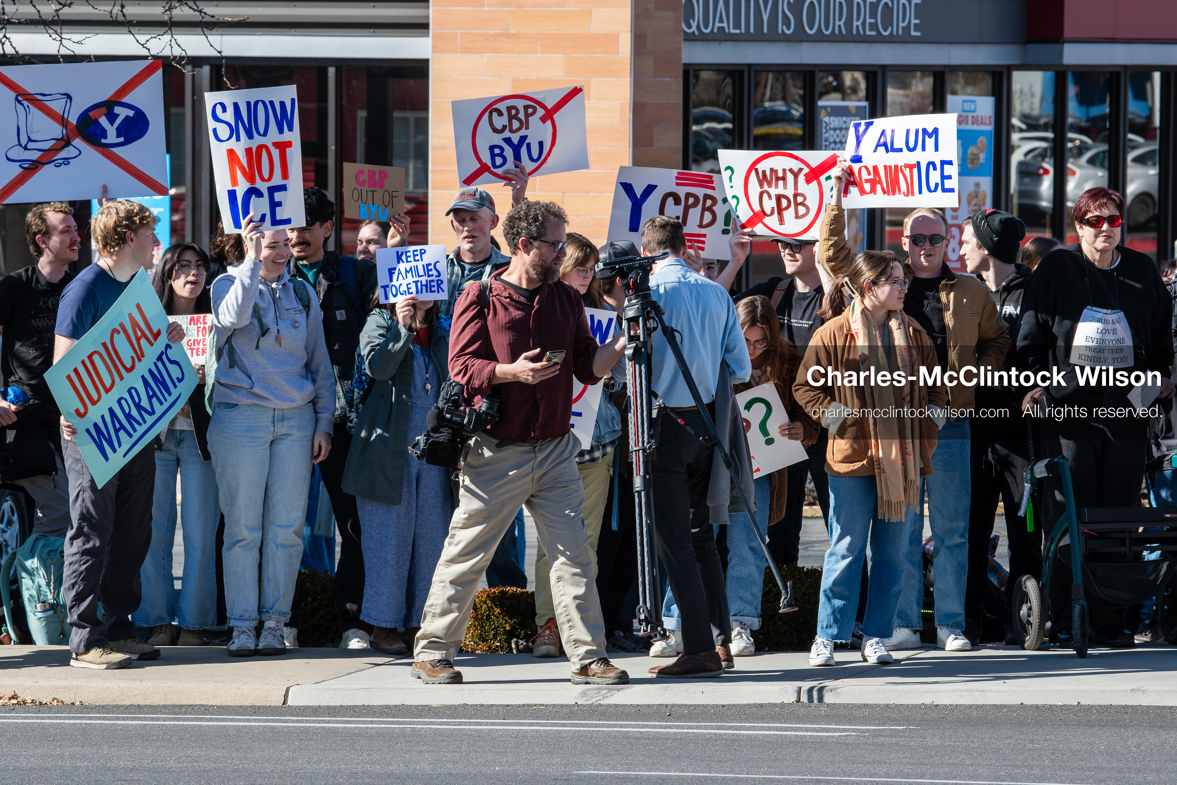 February 5, 2026, Provo, Utah, USA: Students and community members gather near Brigham Young University in Provo to demonstrate against the presence of US Customs and Border Protection recruiters at a career fair held on the BYU campus. (Credit Image: © Charles McClintock Wilson/ZUMA Press Wire)