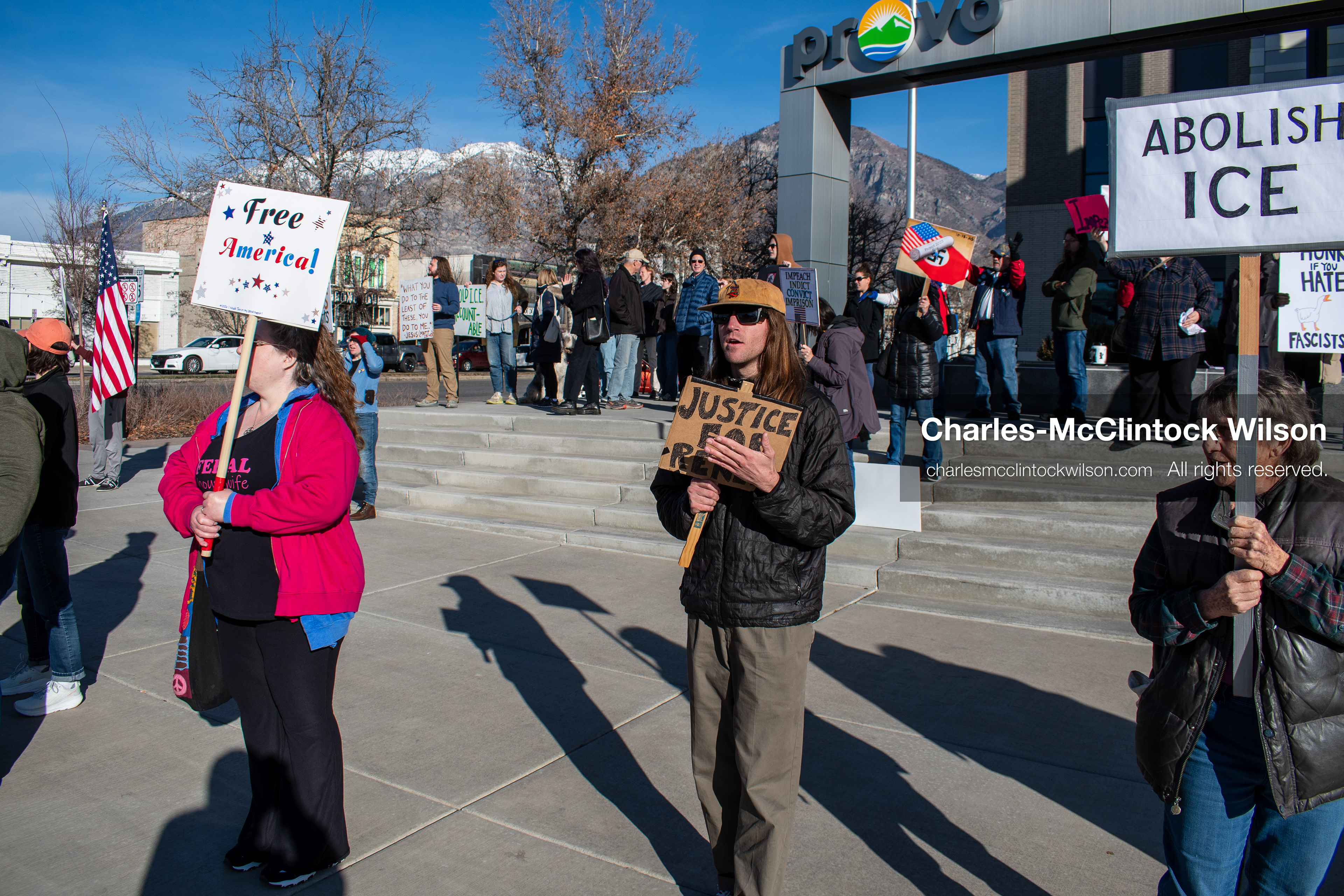 January 20, 2026, Provo, Utah, USA: Protesters gather outside Provo City Hall during the Free America Walkout protest in Provo, Utah, on January 20, 2026. Demonstrators held signs calling for justice, immigration reform, and an end to detention practices. (Credit Image: © Charles-McClintock Wilson/ZUMA Press Wire)
