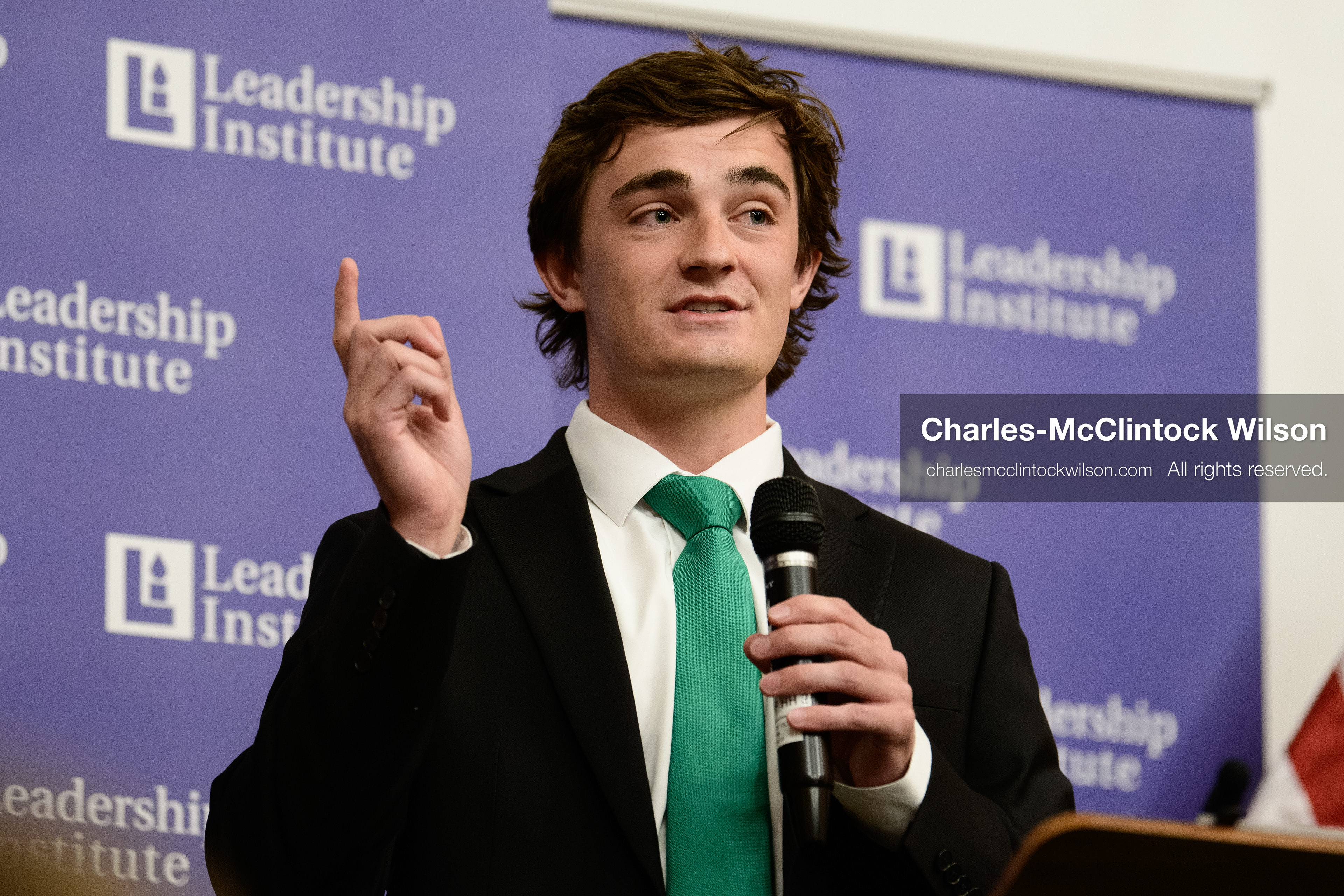 Salt Lake City, Utah, USA — US YouTuber Nick Shirley speaks during a “Learing Tour” event organized by the Utah Federation of College Republicans at the University of Utah, April 10, 2026. (Credit Image: © Charles-McClintock Wilson/ZUMA Press Wire)