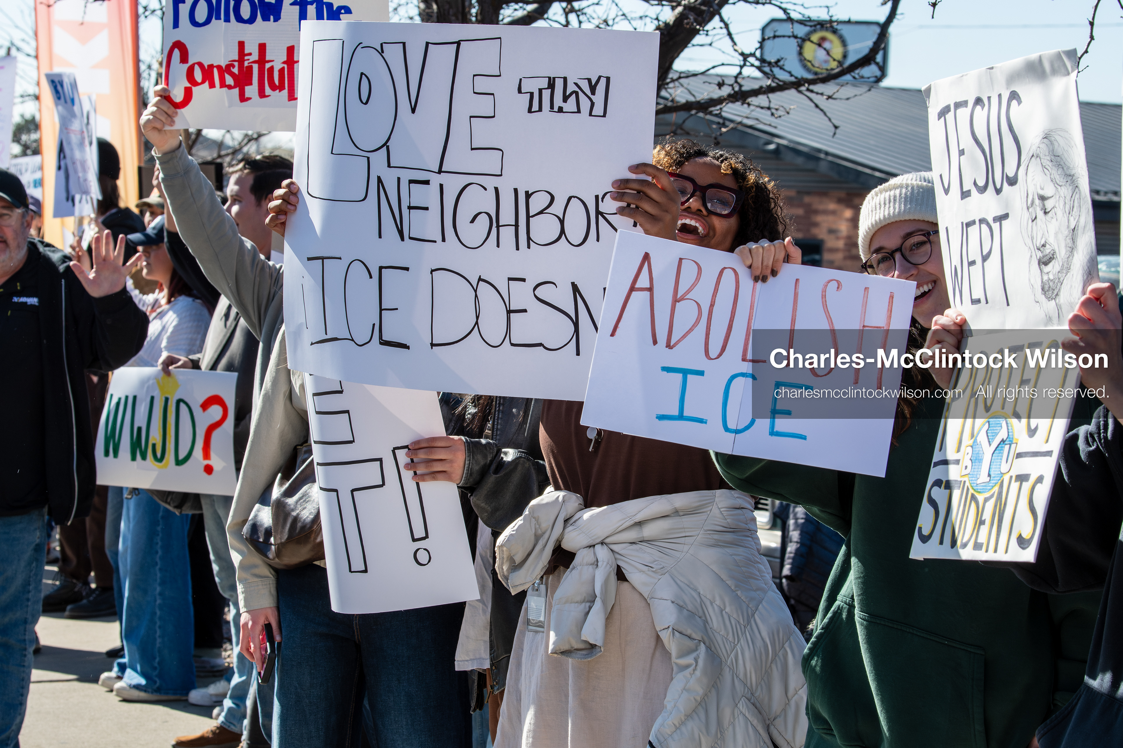 February 5, 2026, Provo, Utah, USA: Students and community members gather near Brigham Young University in Provo to demonstrate against the presence of US Customs and Border Protection recruiters at a career fair held on the BYU campus. (Credit Image: © Charles McClintock Wilson/ZUMA Press Wire)