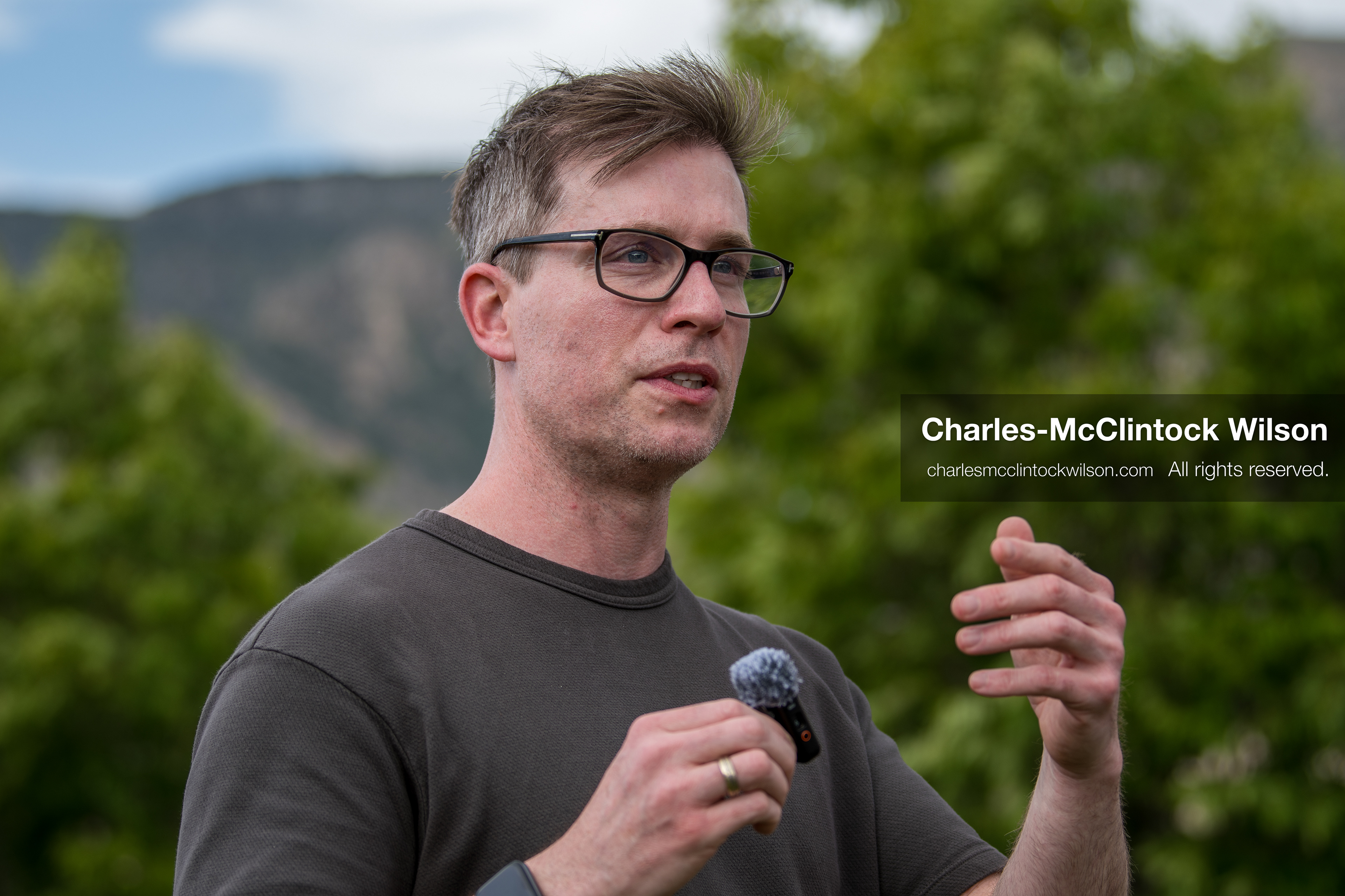 May 13, 2026, Brigham City, Utah, USA: US political satirist and digital creator WALTER MASTERSON speaks to attendees outside the Box Elder County Justice Courthouse in Brigham City, Utah, on May 13, 2026, during a gathering over the proposed data center project backed by businessman Kevin O'Leary, which has drawn public concern over water use, power demand, and transparency. (Credit Image: © Charles-McClintock Wilson/ZUMA Press Wire)