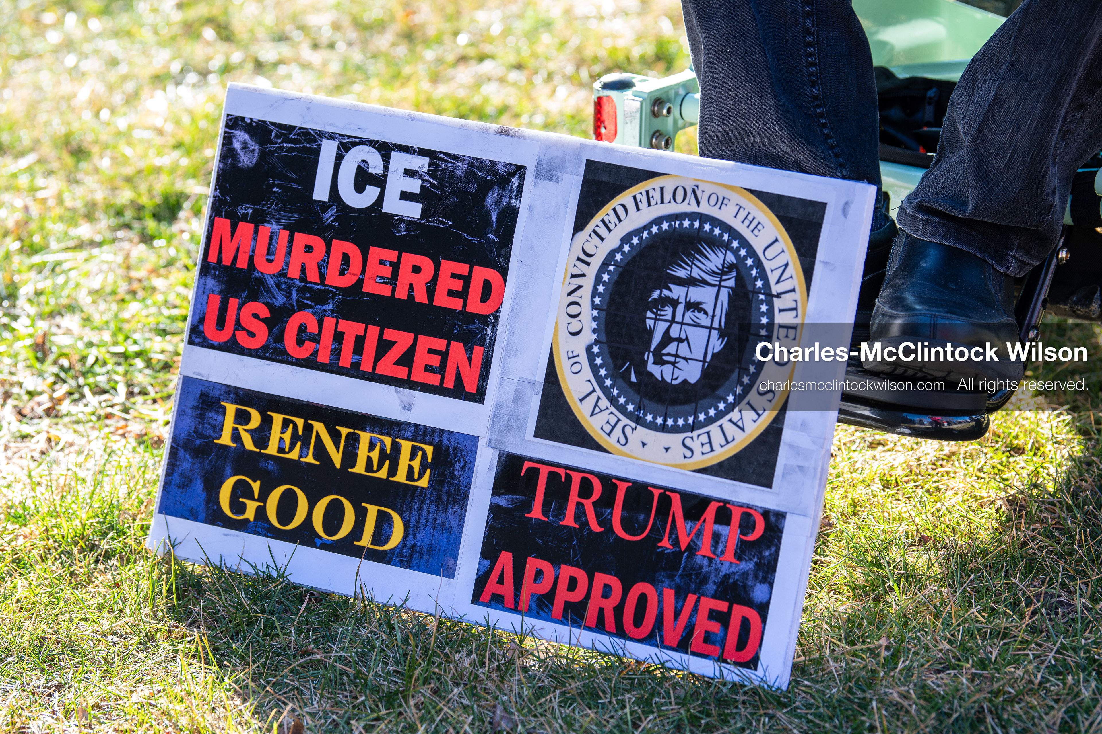 Salt Lake City, Utah, January 10, 2026: A protest sign placed on the grass during the ICE Out for Good protest at Washington Square Park calls for justice for Renee Nicole Good and criticizes ICE and U.S. President Donald Trump. (Credit Image: © Charles‑McClintock Wilson/ZUMA Press Wire)