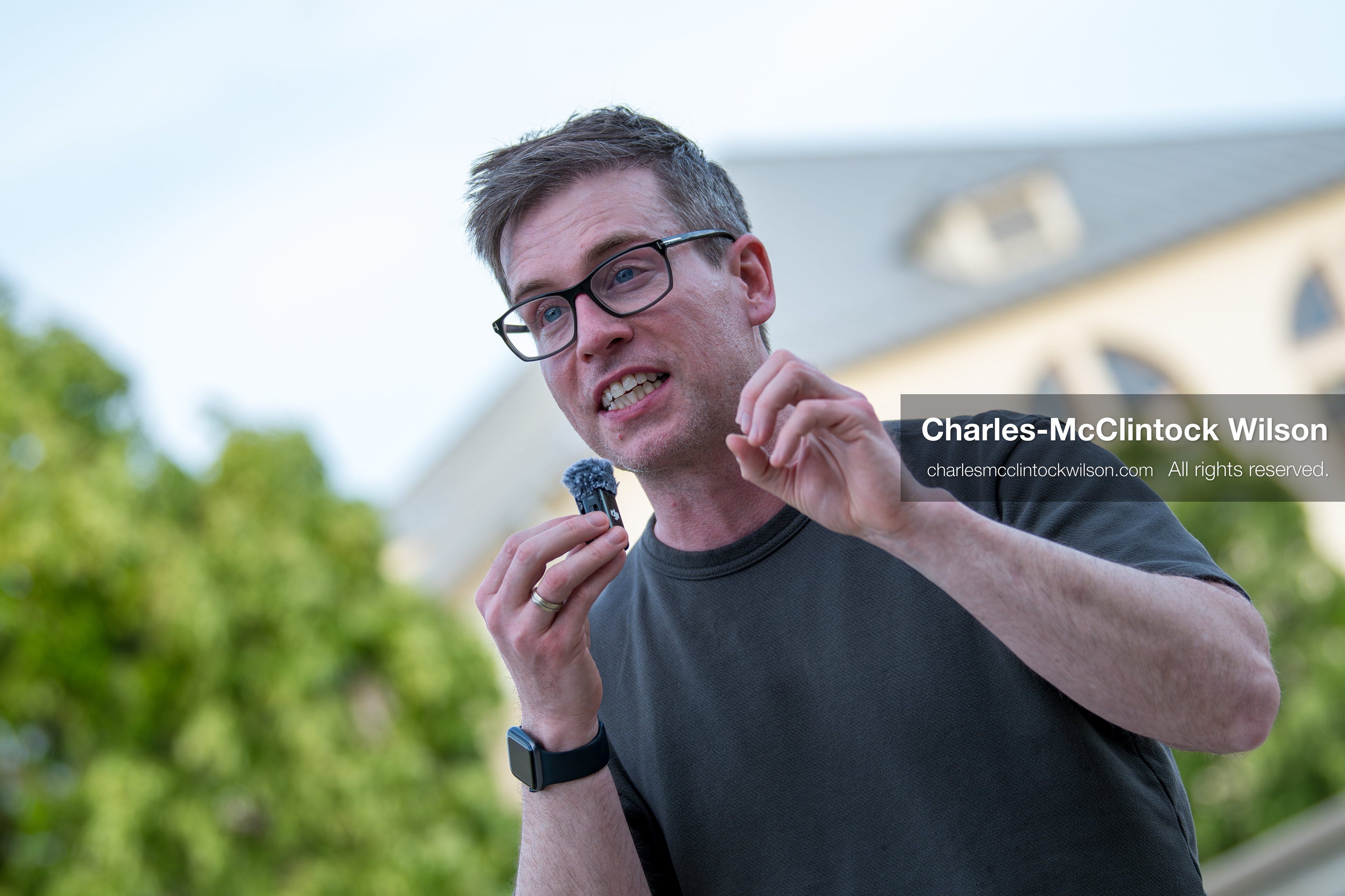 May 13, 2026, Brigham City, Utah, USA: US political satirist and digital creator WALTER MASTERSON speaks to attendees outside the Box Elder County Justice Courthouse in Brigham City, Utah, on May 13, 2026, during a gathering over the proposed data center project backed by businessman Kevin O'Leary, which has drawn public concern over water use, power demand, and transparency. (Credit Image: © Charles-McClintock Wilson/ZUMA Press Wire)