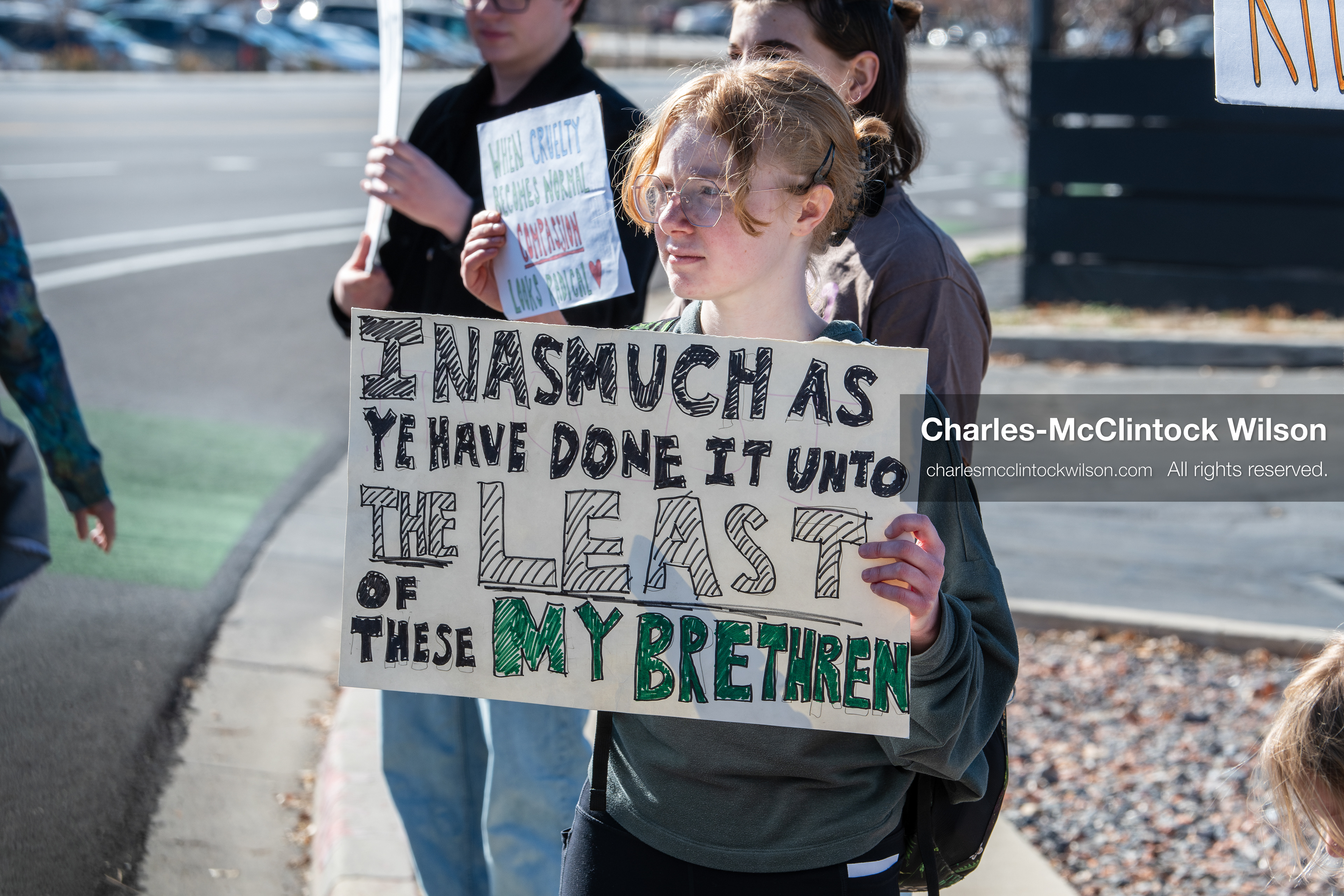 February 5, 2026, Provo, Utah, USA: Students and community members gather near Brigham Young University in Provo to demonstrate against the presence of US Customs and Border Protection recruiters at a career fair held on the BYU campus. (Credit Image: © Charles McClintock Wilson/ZUMA Press Wire)