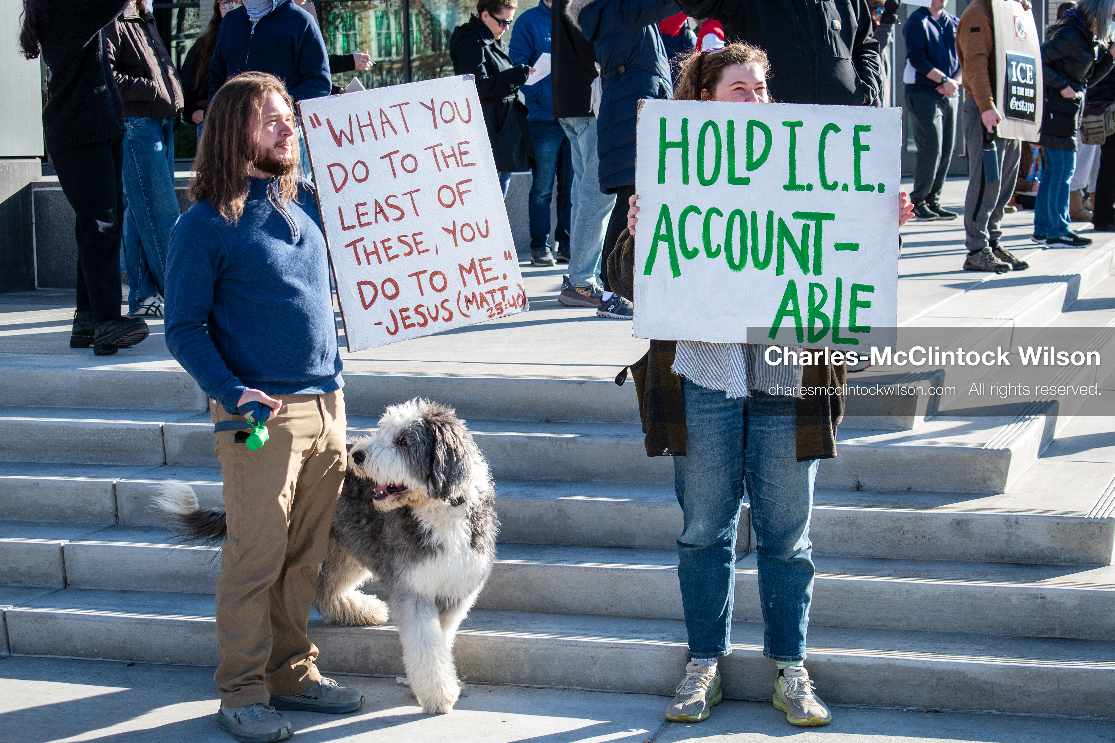 January 20, 2026, Provo, Utah, USA: Protesters gather outside Provo City Hall during the Free America Walkout protest in Provo, Utah, on January 20, 2026. Demonstrators held signs calling for justice, immigration reform, and an end to detention practices. (Credit Image: © Charles-McClintock Wilson/ZUMA Press Wire)