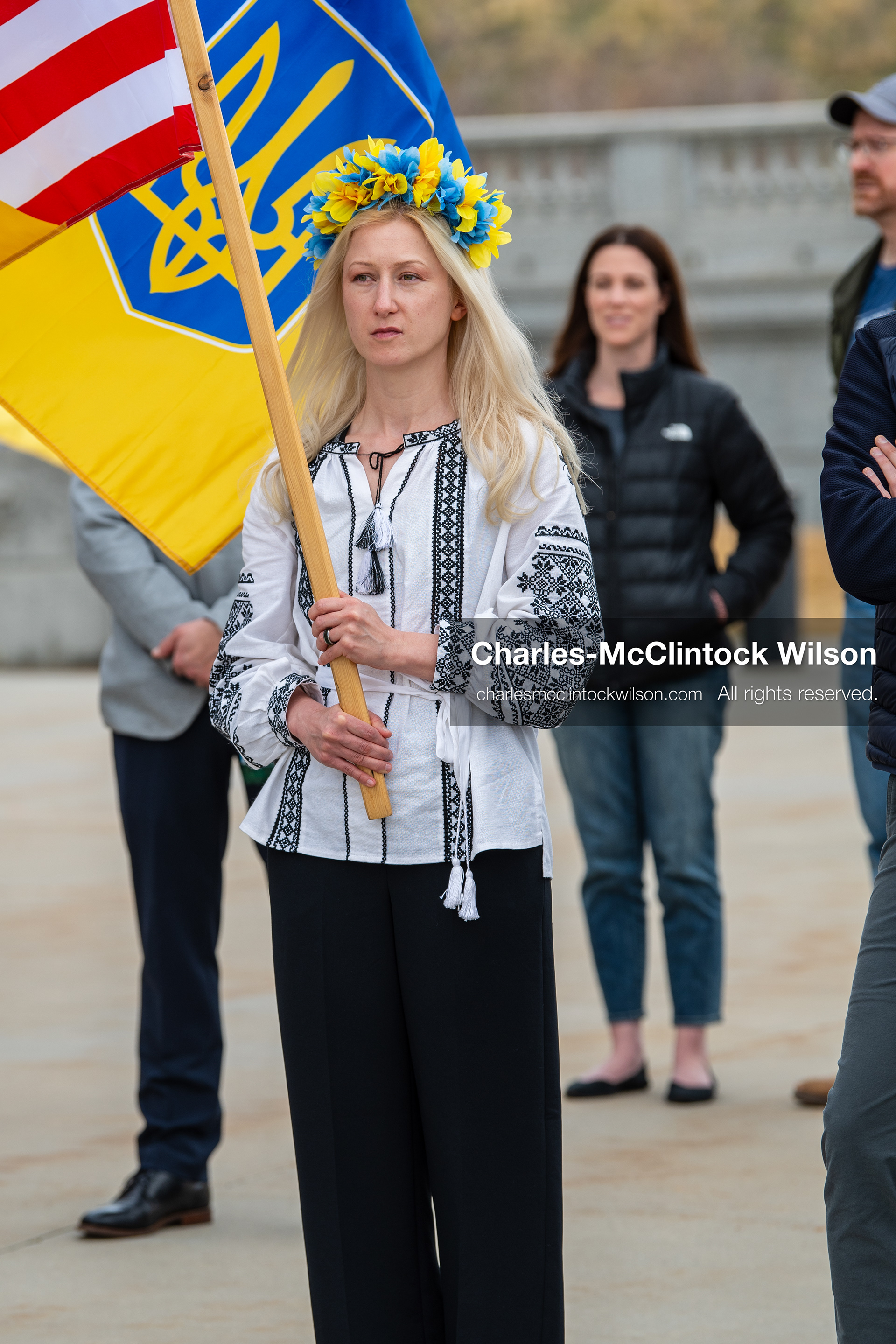February 28, 2026, Salt Lake City, Utah, USA: A woman wearing a traditional Ukrainian embroidered blouse and a blue and yellow flower wreath holds a Ukrainian flag during the Stand With Ukraine rally near the Utah State Capitol. The gathering marked the four year anniversary of the full scale Russian invasion of Ukraine and brought community members together in support of Ukrainians and local humanitarian efforts. (Credit Image: © Charles McClintock Wilson/ZUMA Press Wire)