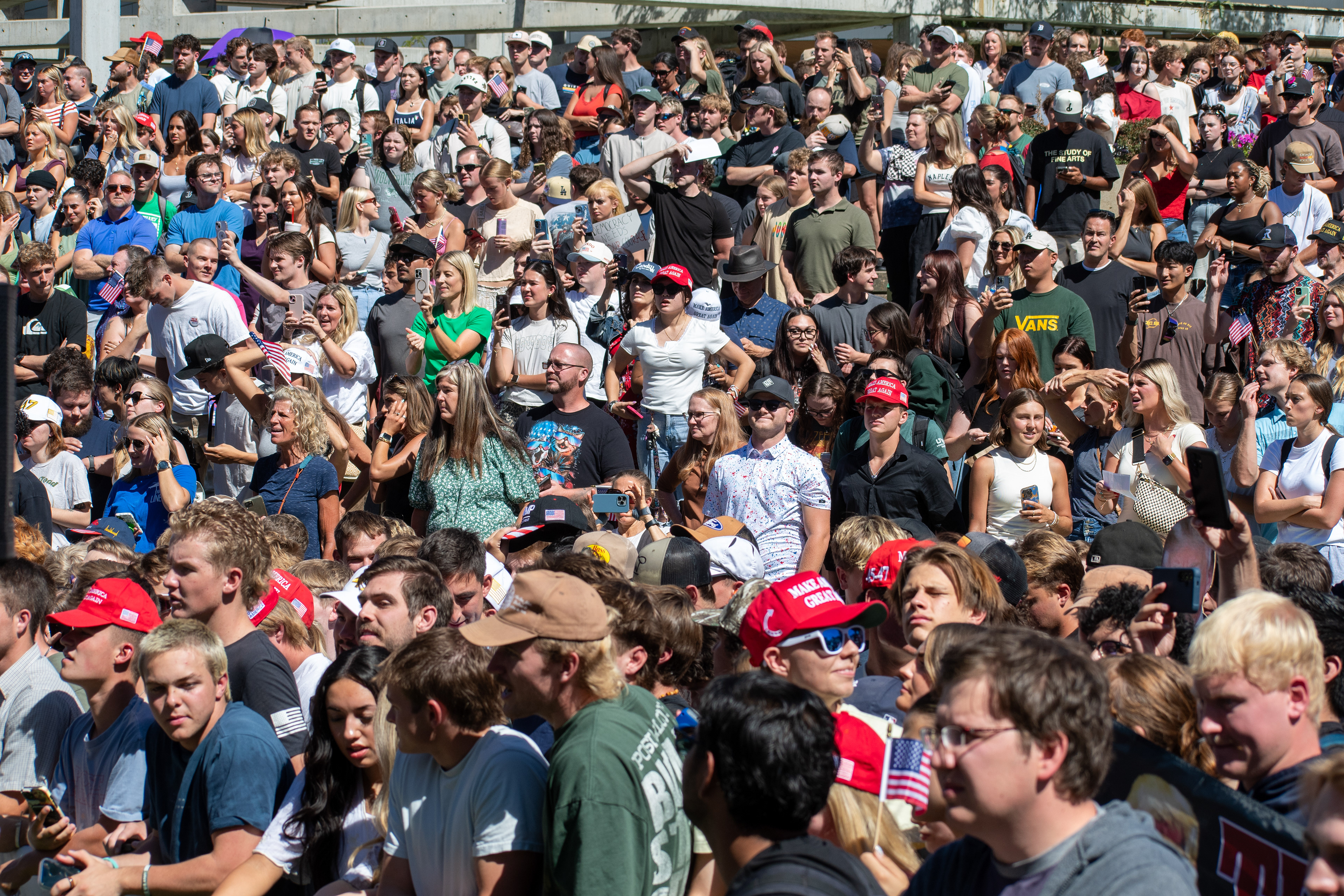  OREM, UTAH – SEPTEMBER 10, 2025: Attendees gather in close formation at Utah Valley University for the opening stop of the American Comeback Tour. The image captures a moment of shared anticipation and civic presence, reflecting the energy, emotion, and communal engagement that defined the event’s intended spirit. © Charles-McClintock Wilson / ZUMA Press