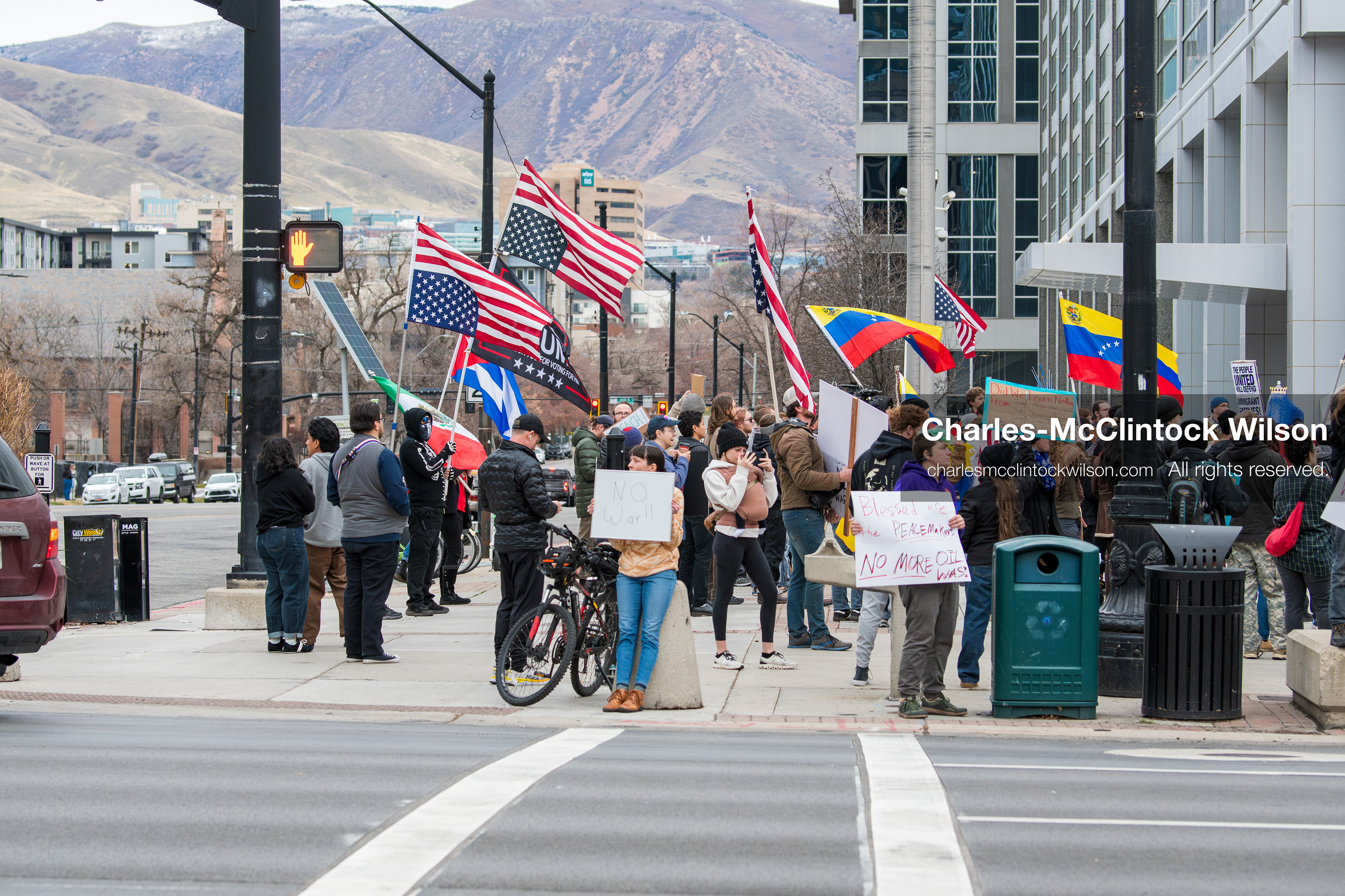 January 3, 2026, Salt Lake City, Utah, USA: Protesters hold signs during an emergency demonstration against US action in Venezuela outside the Wallace Federal Building in Salt Lake City, Utah. The event was part of a nationwide mobilization responding to recent military developments. (Credit Image: (c) Charles‑McClintock Wilson/ZUMA Press Wire)