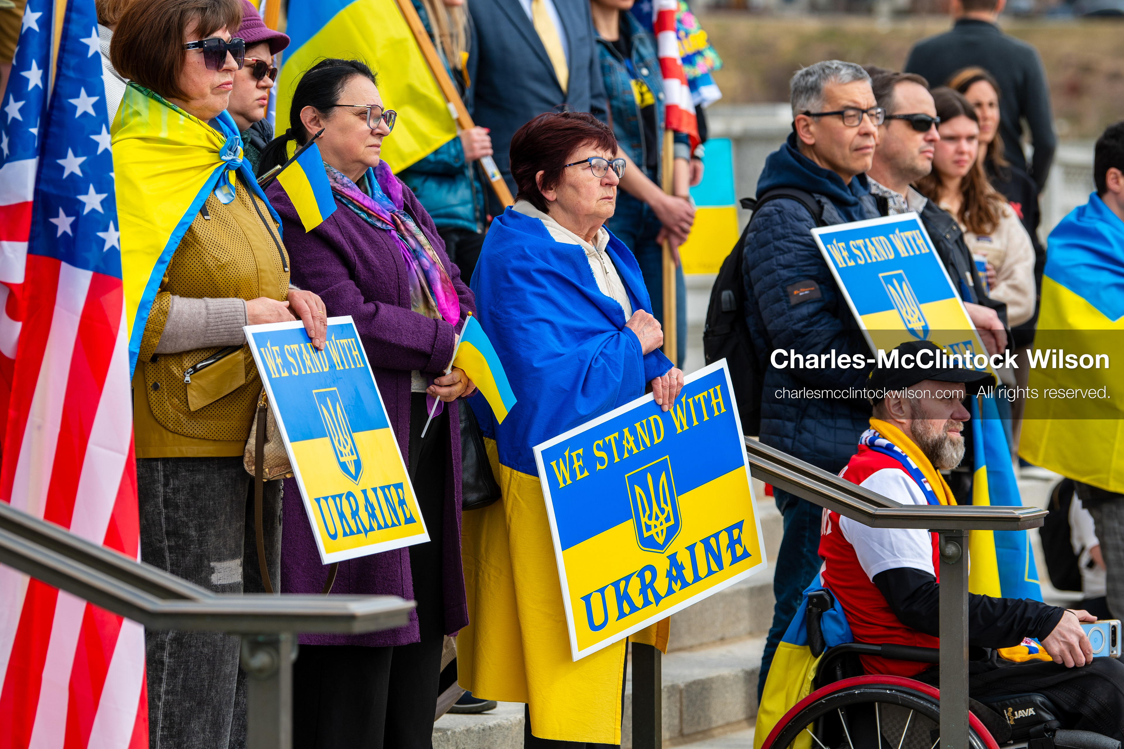February 28, 2026, Salt Lake City, Utah, USA: Supporters gather on the steps of the Utah State Capitol during the Stand With Ukraine rally marking the four year anniversary of the full scale Russian invasion of Ukraine. Participants hold signs and Ukrainian flags as community members call for continued support for Ukraine and an end to the war. (Credit Image: © Charles McClintock Wilson/ZUMA Press Wire)