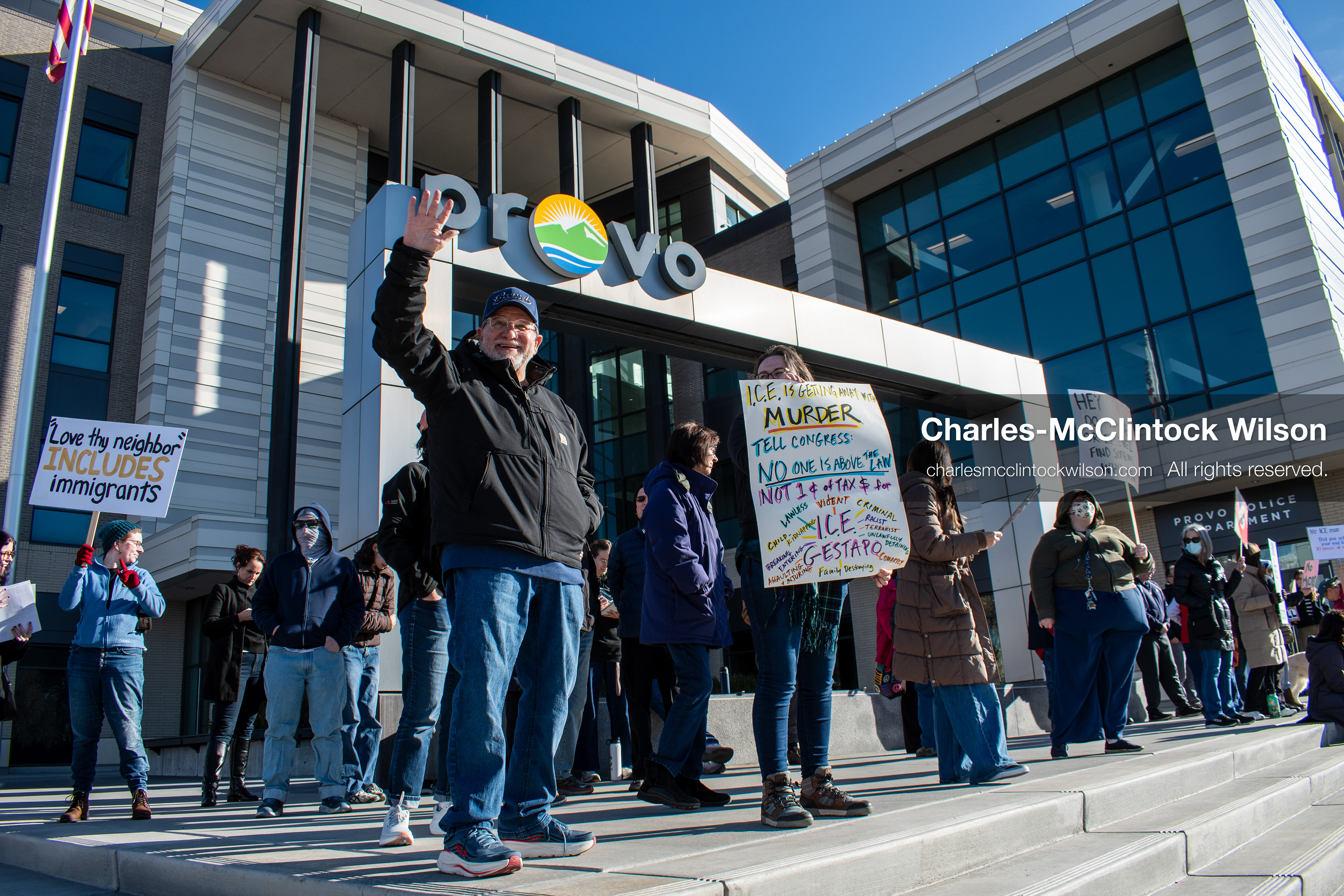 January 20, 2026, Provo, Utah, USA: Protesters gather outside Provo City Hall during the Free America Walkout protest in Provo, Utah, on January 20, 2026. Demonstrators held signs calling for justice, immigration reform, and an end to detention practices. (Credit Image: © Charles-McClintock Wilson/ZUMA Press Wire)