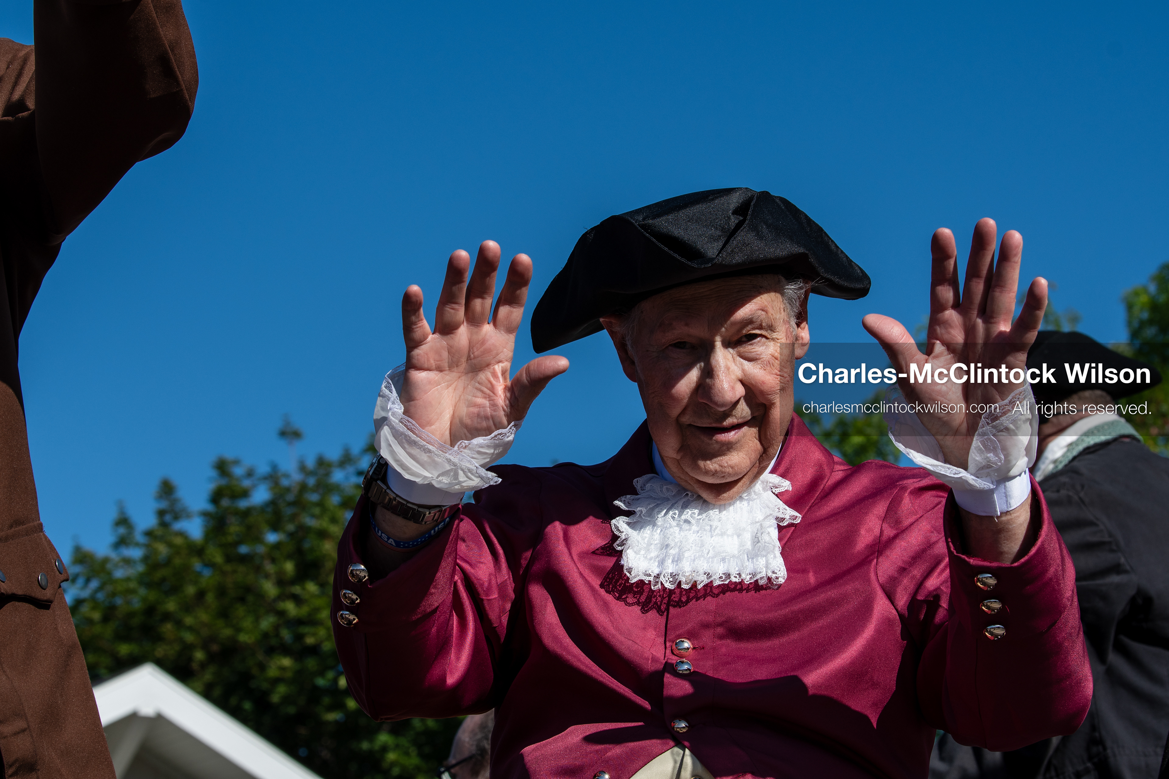 July 4, 2026, Provo, Utah, USA: A performer dressed in historical colonial attire waves to onlookers from an anniversary themed parade float during America's Freedom Festival Grand Parade in Provo, Utah, Saturday, July 4, 2026. The annual Independence Day event features expanded programming to honor the 250th anniversary of United States independence. (Credit Image: © Charles-McClintock Wilson/ZUMA Press Wire)