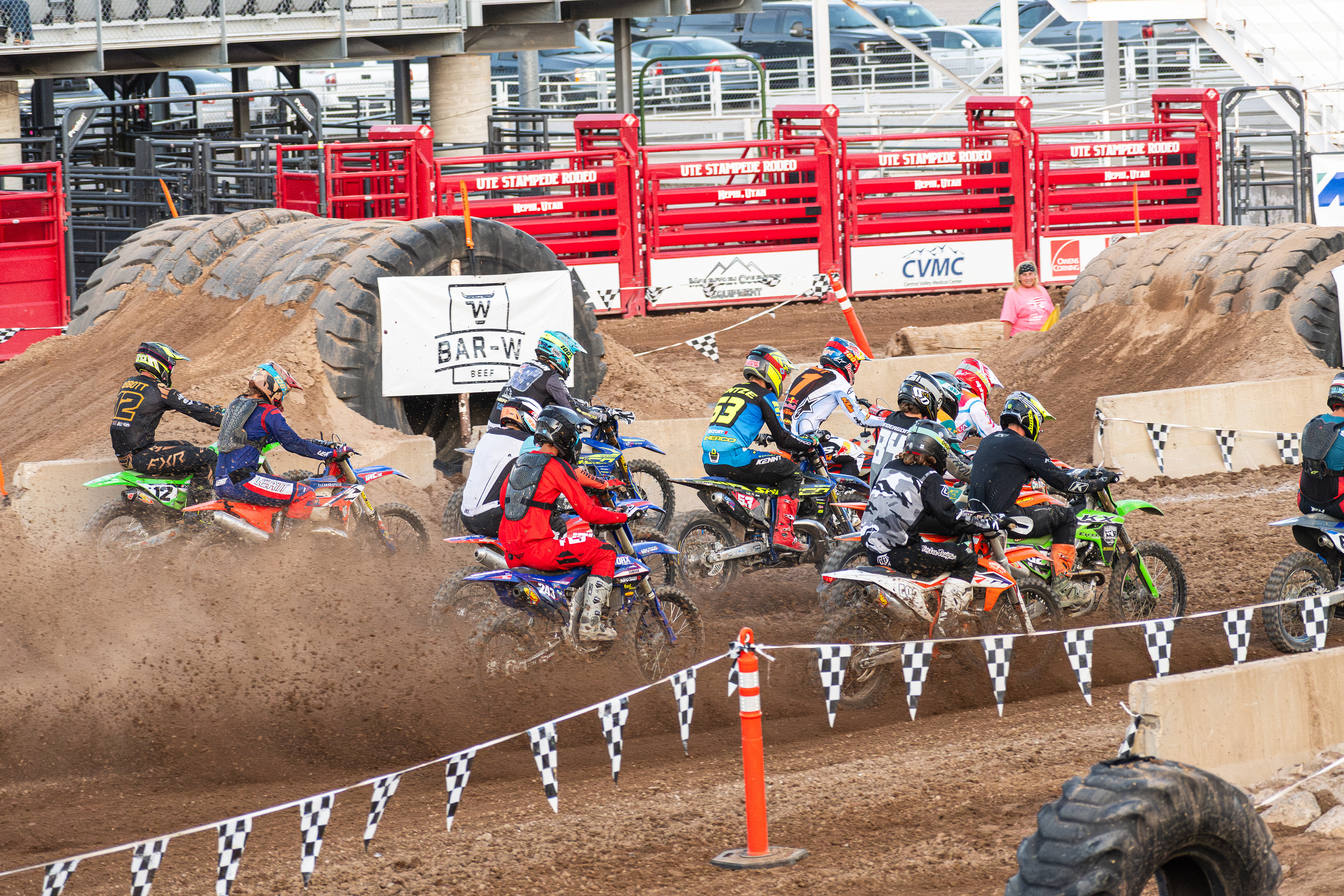 Nephi, Utah – June 28, 2025: Motocross competitors prepare to take off at the starting line during the Juab Xtreme Racing event in central Utah.