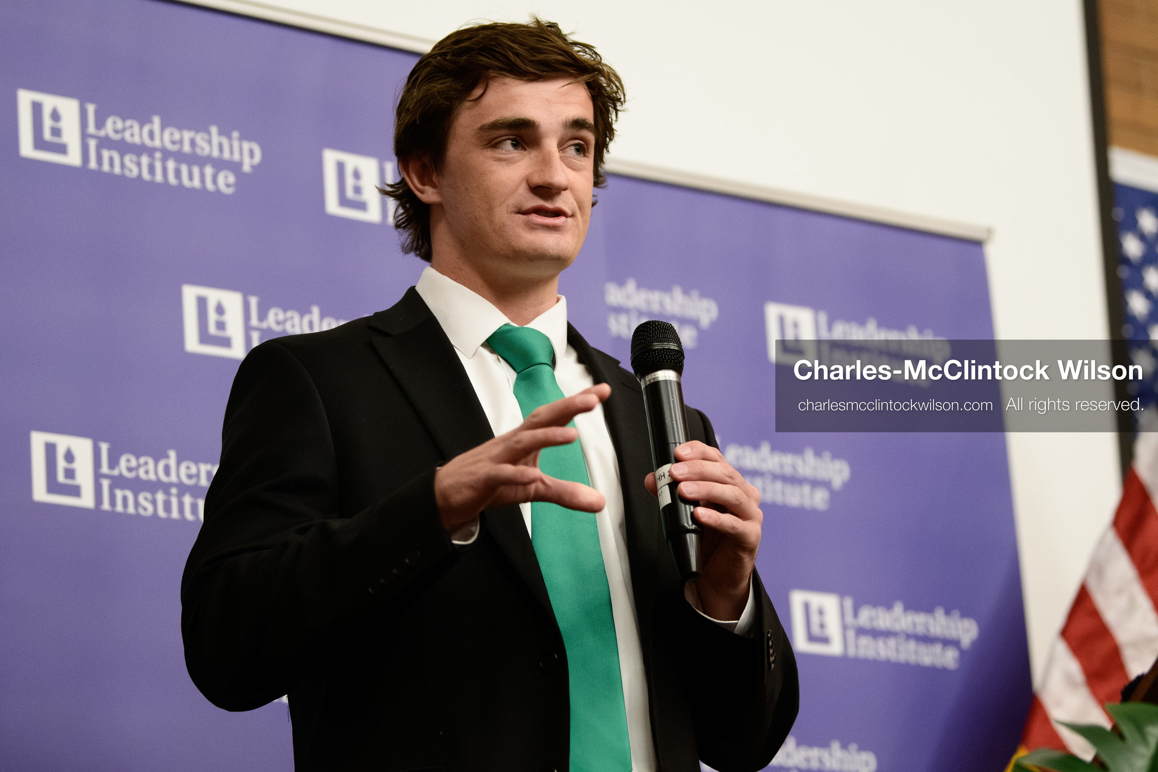 Salt Lake City, Utah, USA — US YouTuber Nick Shirley speaks during a “Learing Tour” event organized by the Utah Federation of College Republicans at the University of Utah, April 10, 2026. (Credit Image: © Charles-McClintock Wilson/ZUMA Press Wire)