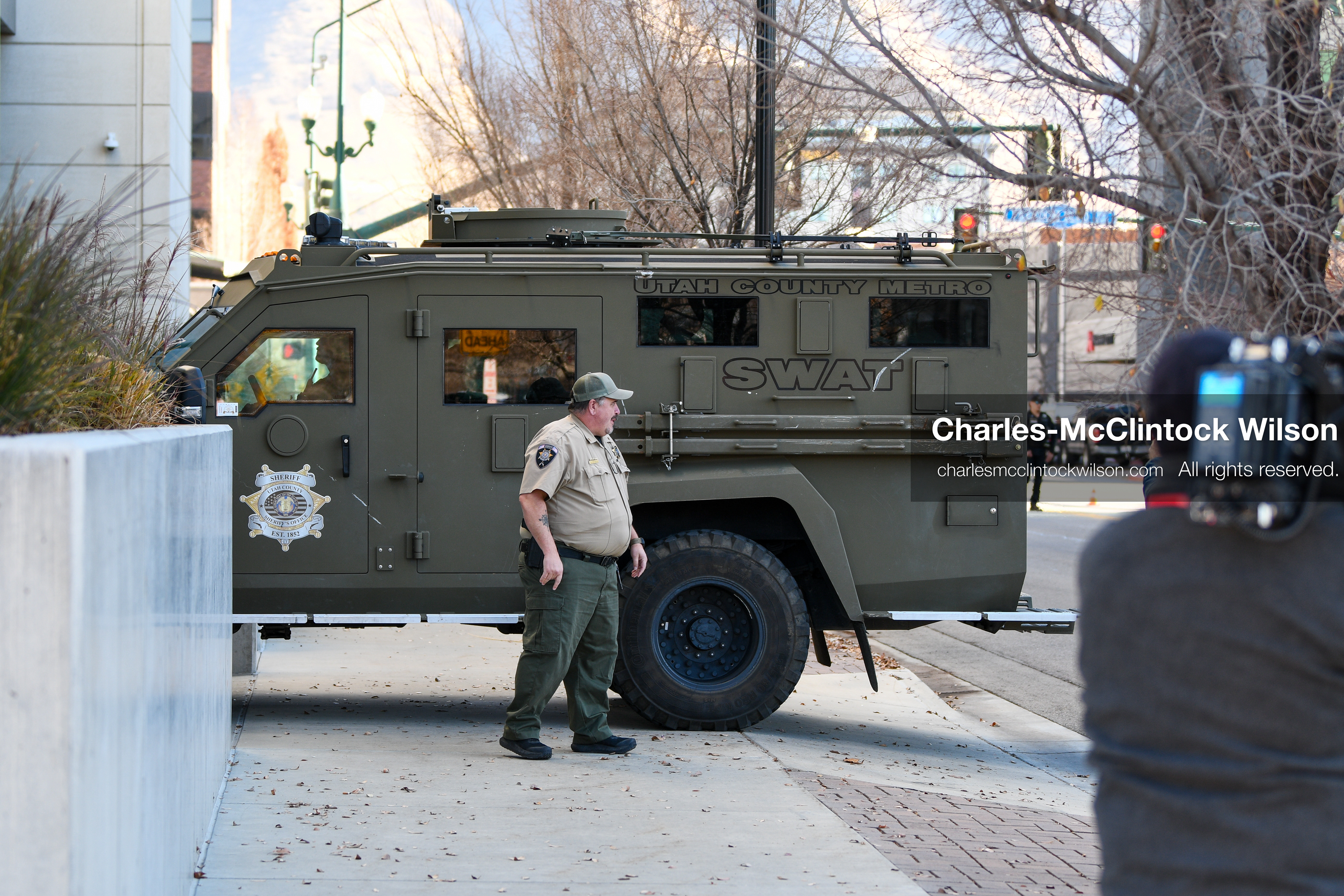 PROVO, UTAH, USA – DECEMBER 11, 2025: An armored vehicle marked SWAT arrives outside the Fourth District Court in Provo, Utah, transporting Tyler Robinson for his first in‑person court appearance in the Charlie Kirk murder case. (Credit Image: © Charles‑McClintock Wilson/ZUMA Press Wire)