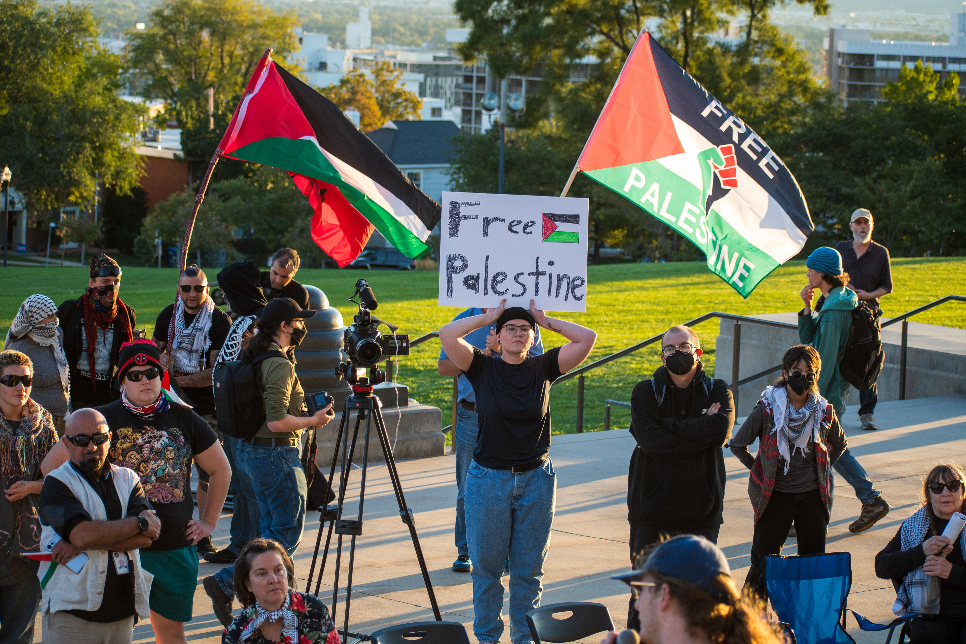 October 10, 2025, Salt Lake City, Utah, USA: Pro-Palestine demonstrators display flags and signs during the Free Palestine Rally organized in front of the Utah State Capitol. Media equipment is visible as participants gather in support of Palestinian rights. (Credit Image: © Charles-McClintock Wilson/ZUMA Press Wire)