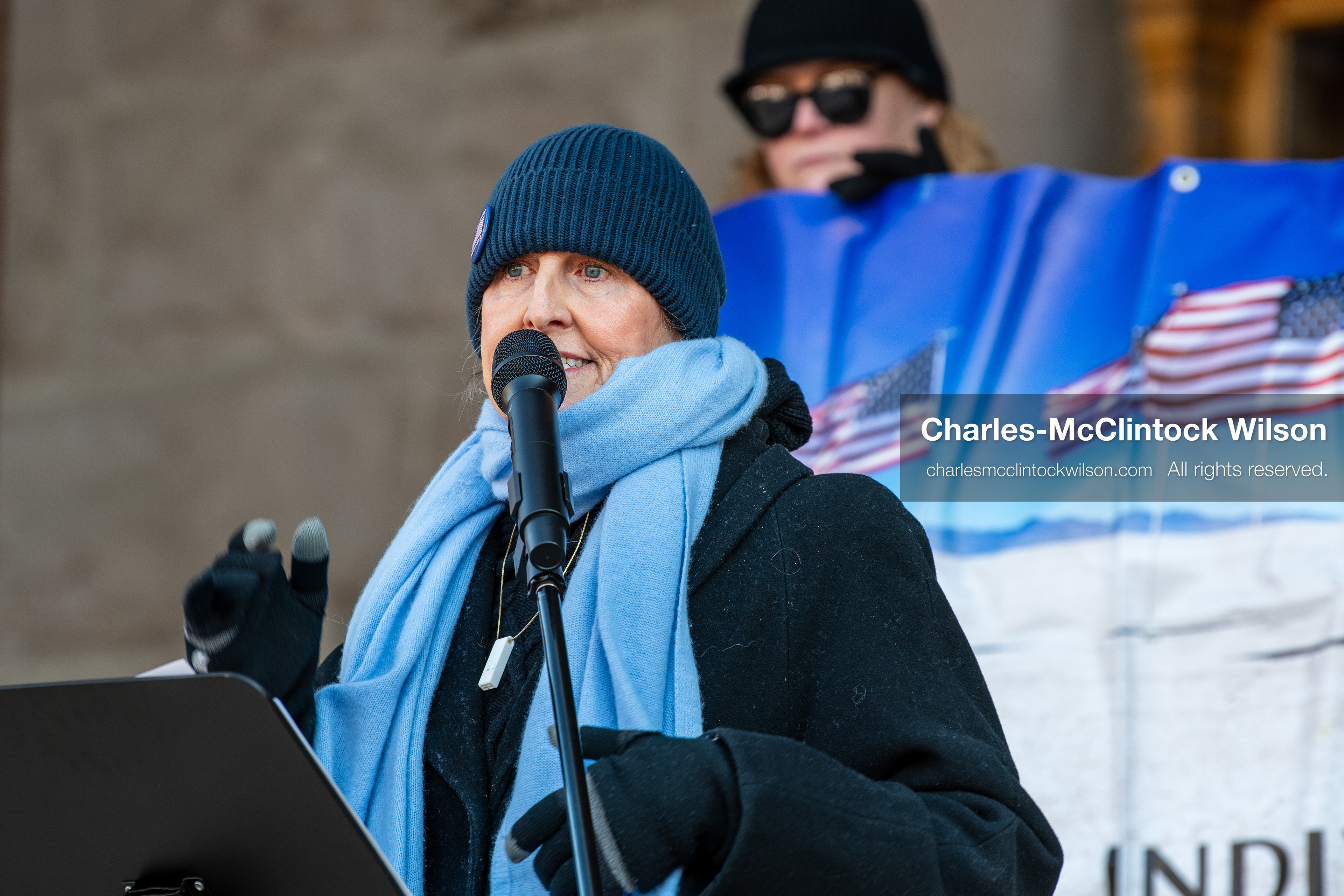 Salt Lake City, Utah, January 10, 2026: Sarah Buck, leader and key organizer for Salt Lake Indivisible, speaks during the ICE Out for Good protest at Washington Square Park, a demonstration calling for justice for Renee Nicole Good. Salt Lake Indivisible is a local grassroots organization that opposes policies of the Trump administration and advocates for democratic protections. (Credit Image: © Charles‑McClintock Wilson/ZUMA Press Wire)