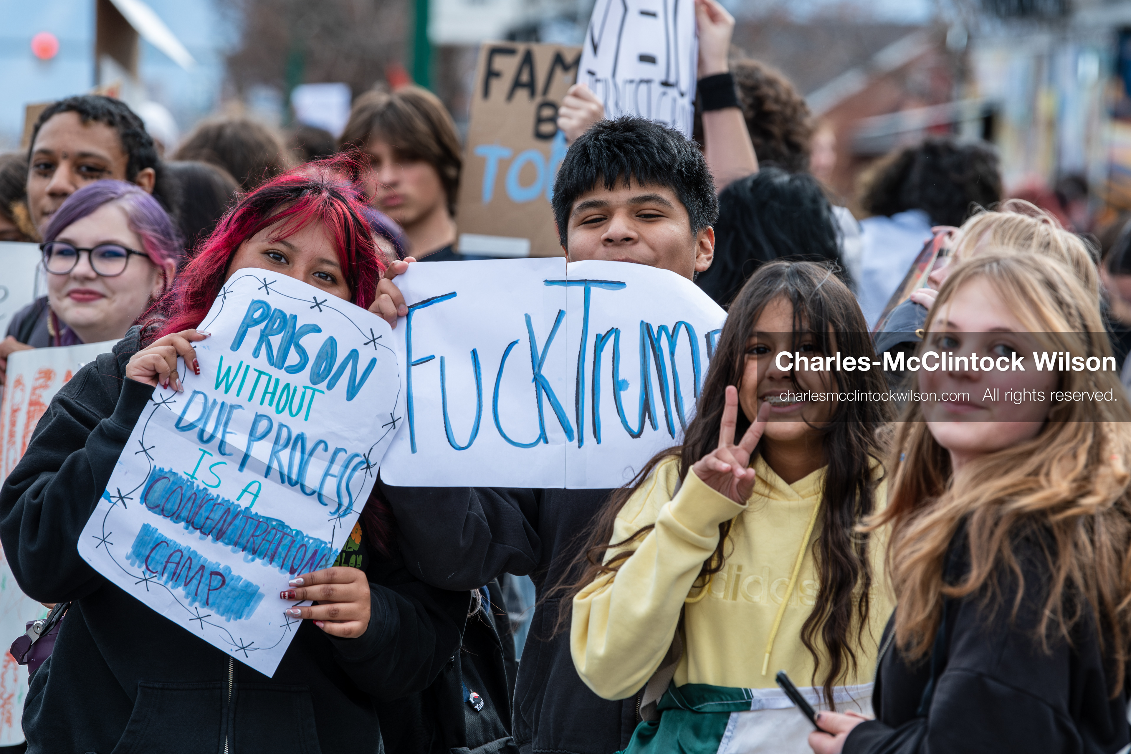 February 11, 2026, Orem, Utah, USA: Students stand on the sidewalk along State Street during a student‑led protest involving participants from multiple Orem schools. (Credit Image: © Charles‑McClintock Wilson/ZUMA Press Wire)