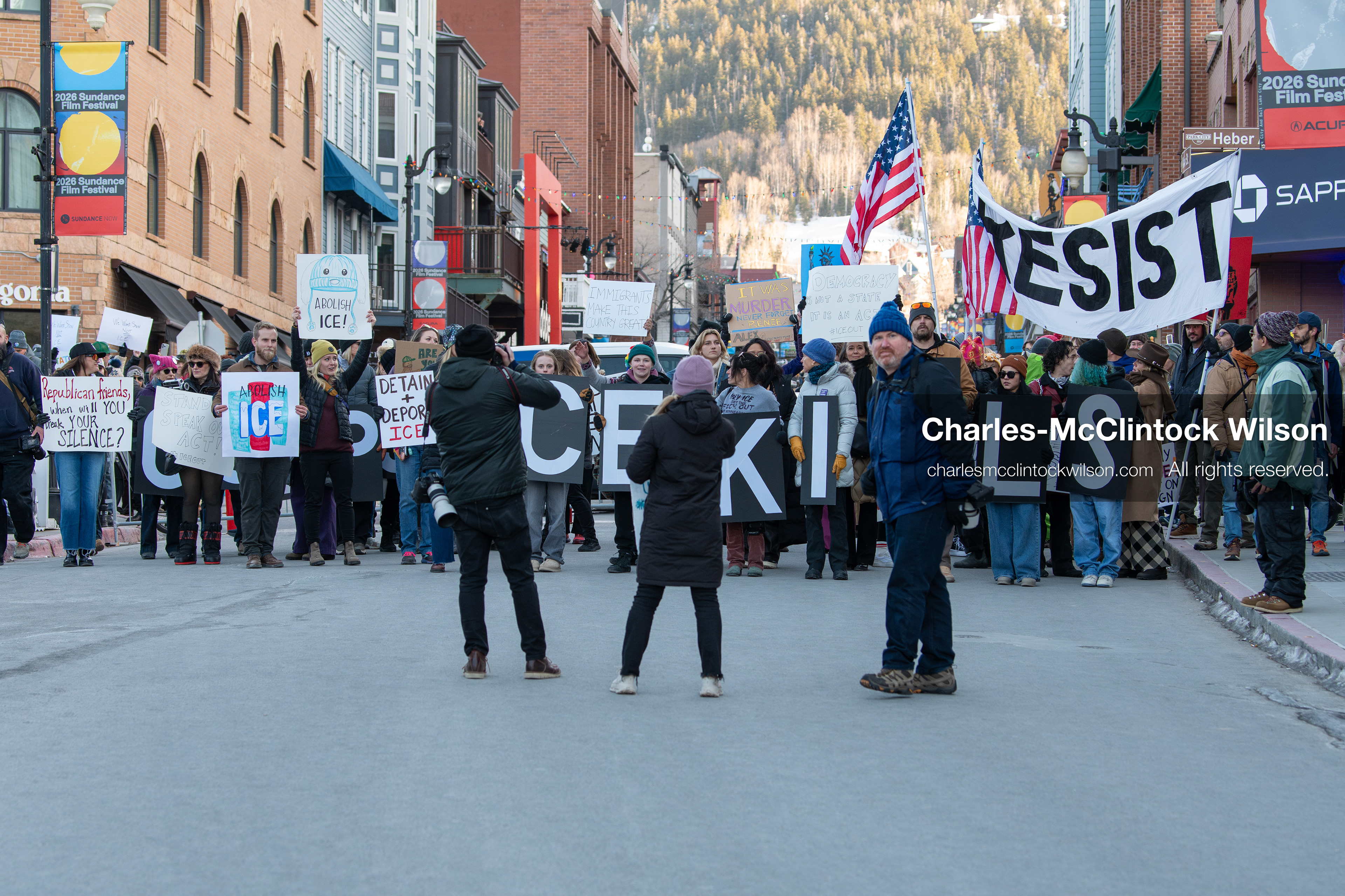 January 26, 2026, Park City, Utah, USA: Demonstrators march through Main Street holding signs during a protest opposing U.S. Immigration and Customs Enforcement (I.C.E.) ICE agents at the Sundance Film Festival in Park City, Utah, on Monday, Jan. 26, 2026. The event was held in response to the fatal shooting of Alex Pretti by a U.S. Border Patrol officer in Minneapolis. (Credit Image: © Charles McClintock Wilson/ZUMA Press Wire)