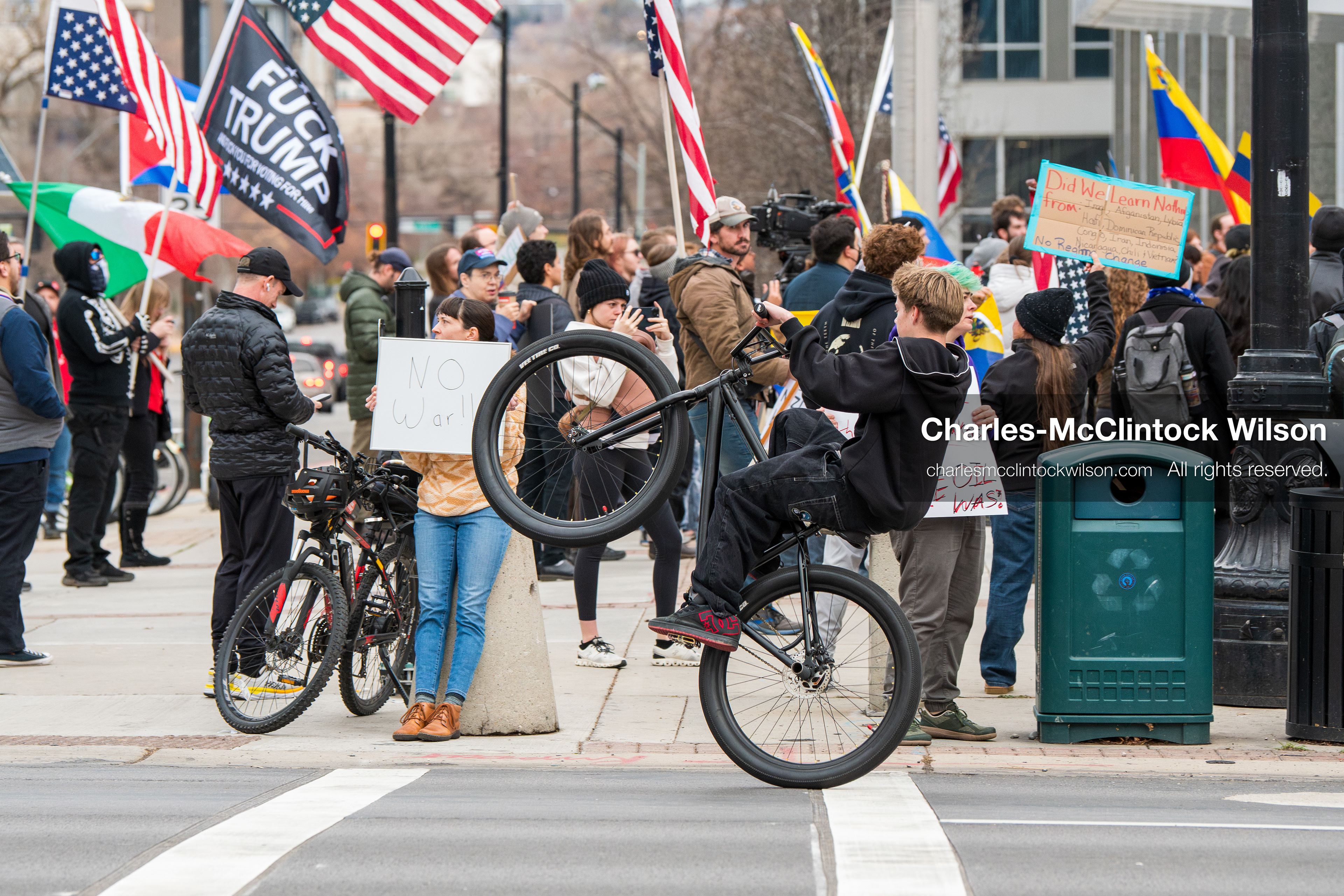 January 3, 2026, Salt Lake City, Utah, USA: Protesters hold signs during an emergency demonstration against US action in Venezuela outside the Wallace Federal Building in Salt Lake City, Utah. The event was part of a nationwide mobilization responding to recent military developments. (Credit Image: (c) Charles‑McClintock Wilson/ZUMA Press Wire)