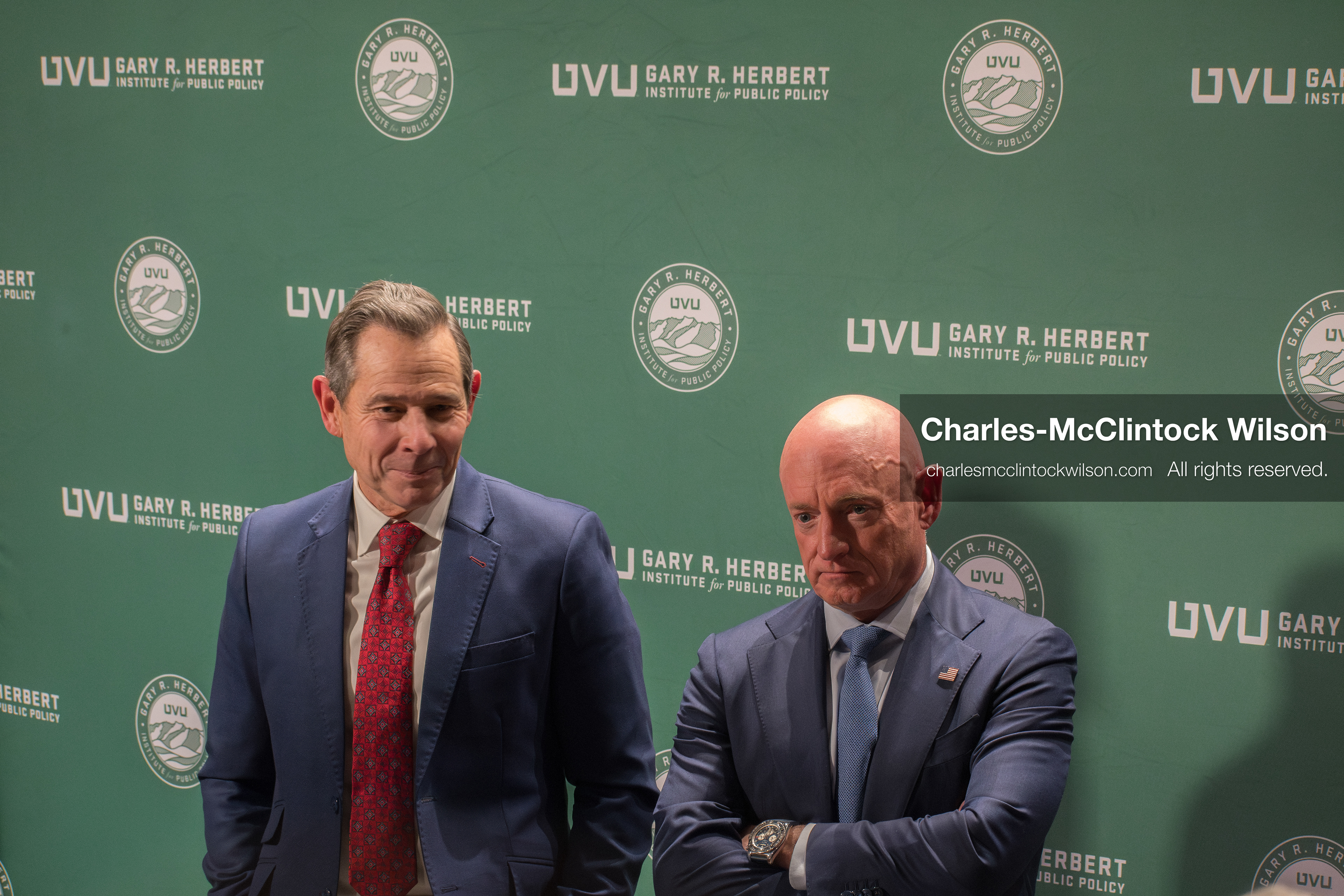 November 12, 2025, Orem, Utah, USA: Senators John Curtis (R–UT) and Mark Kelly (D–AZ) address members of the press following the Senators Modeling Civility forum hosted by the Gary R. Herbert Institute for Public Policy at Utah Valley University. The event, held at the Noorda Center for the Performing Arts, featured a bipartisan dialogue moderated by CNN anchor Dana Bash. The discussion emphasized respectful civic engagement and institutional restraint following the assassination of conservative activist Charlie Kirk. (Credit Image: © Charles-McClintock Wilson/ZUMA Press Wire)