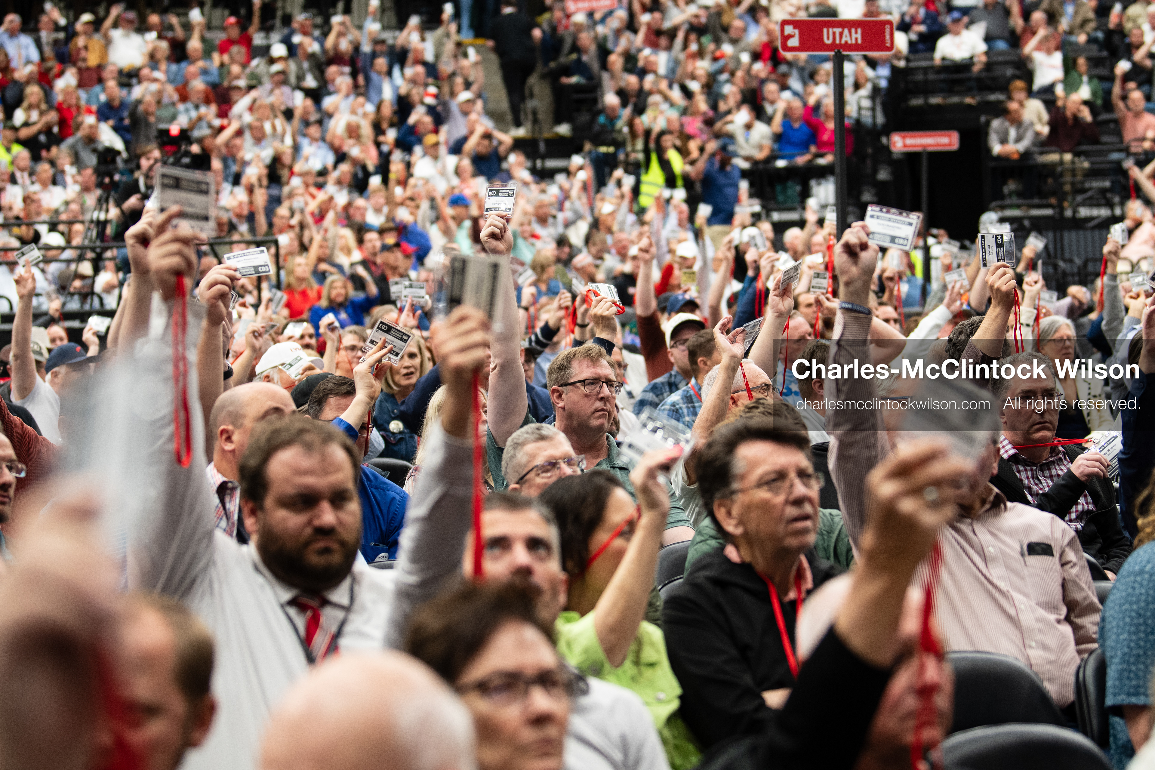 April 25, 2026, Orem, Utah, USA: Delegates raise voting cards during the 2026 Utah Republican State Nominating Convention at the UCCU Center on the campus of Utah Valley University in Orem. (Credit Image: © Charles-McClintock Wilson/ZUMA Press Wire)