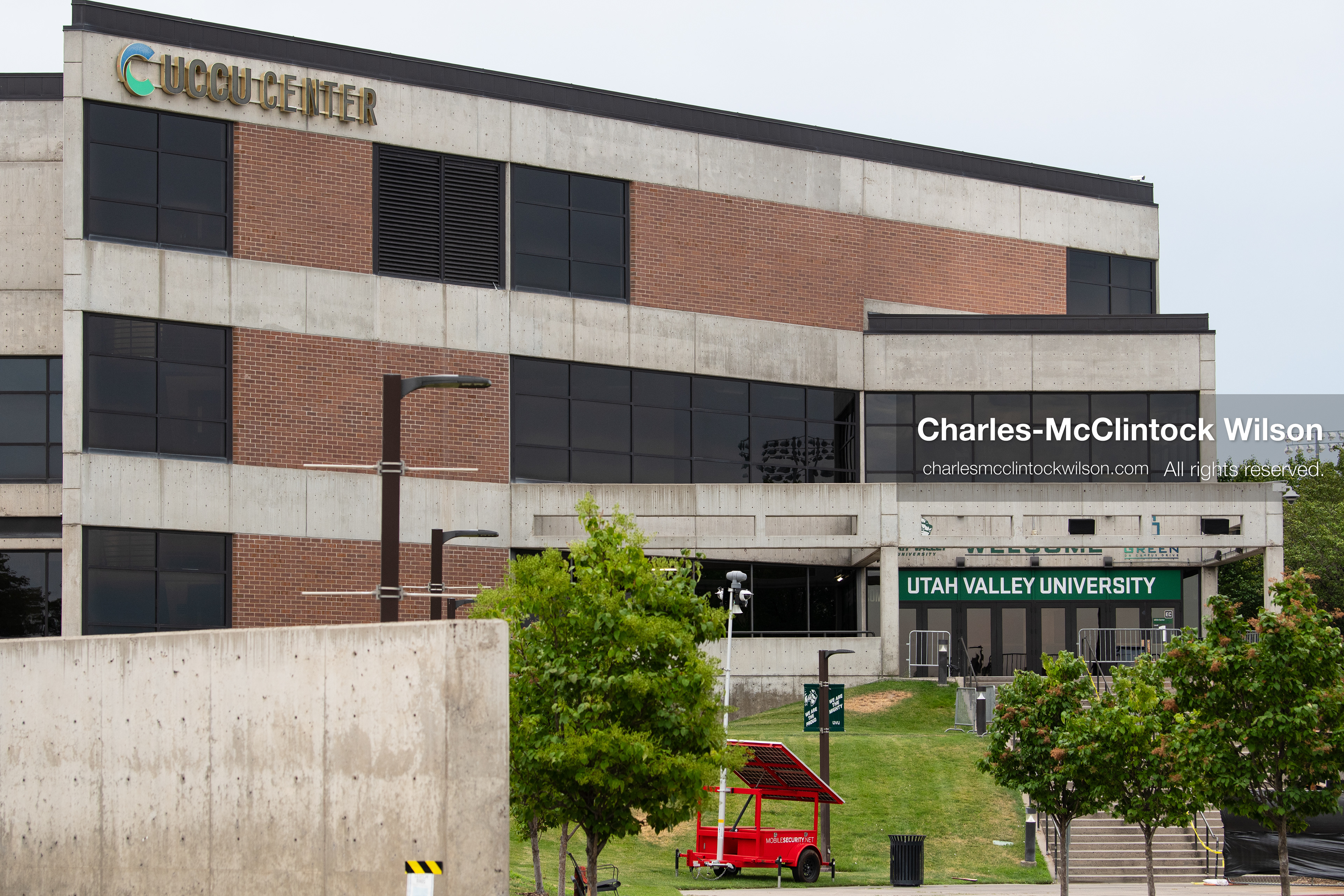 A wide shot displays the exterior of the UCCU Center at Utah Valley University in Orem, Utah, on Wednesday, July 29, 2026. A public memorial ceremony was held at the venue to honor Provo Fire Captain Spencer Long, his wife Katrina, and their three sons, who tragically died in a southern Utah flash flood. (Photo by Charles-McClintock Wilson/Sipa USA)