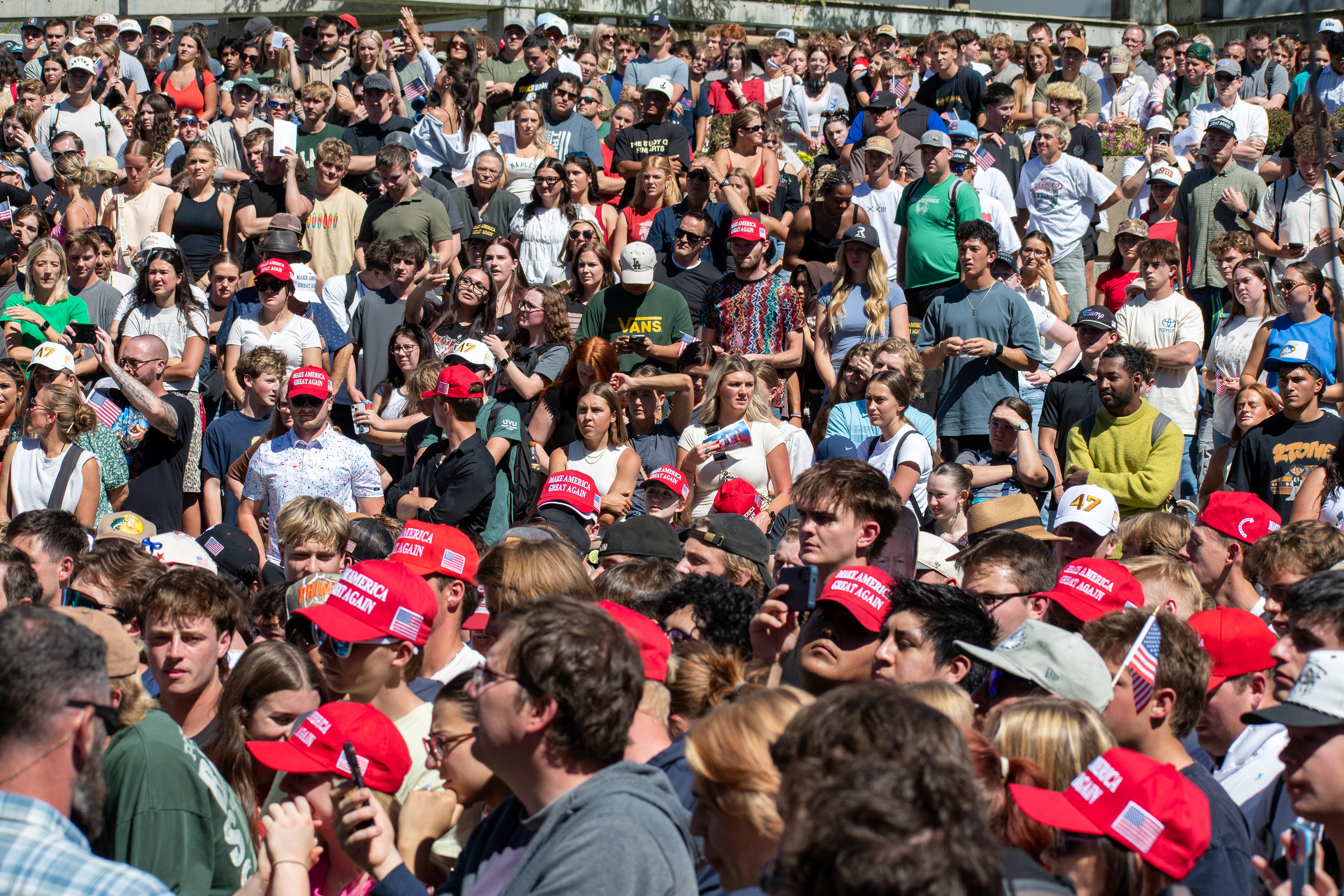 OREM, UTAH – SEPTEMBER 10, 2025: Attendees gather in close formation at Utah Valley University for the opening stop of the American Comeback Tour. The image captures a moment of shared anticipation and civic presence, reflecting the energy, emotion, and communal engagement that defined the event’s intended spirit. © Charles-McClintock Wilson / ZUMA Press 