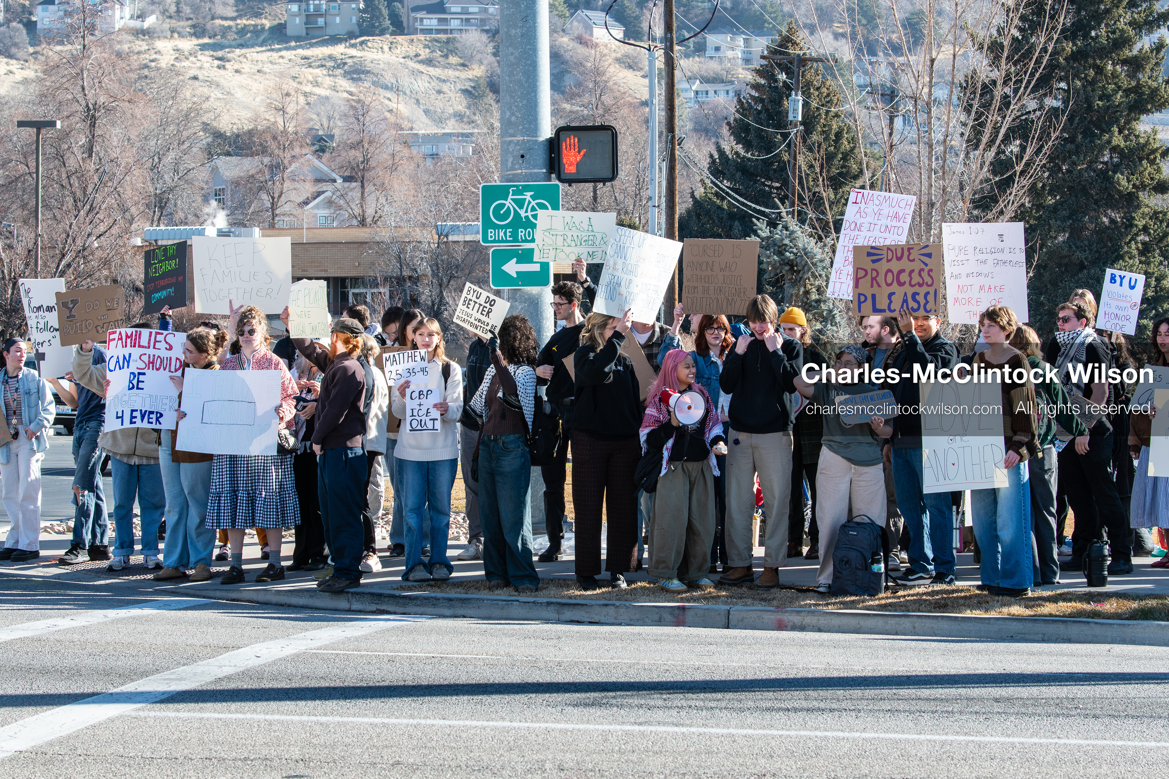 February 5, 2026, Provo, Utah, USA: Students and community members gather near Brigham Young University in Provo to demonstrate against the presence of US Customs and Border Protection recruiters at a career fair held on the BYU campus. (Credit Image: © Charles McClintock Wilson/ZUMA Press Wire)