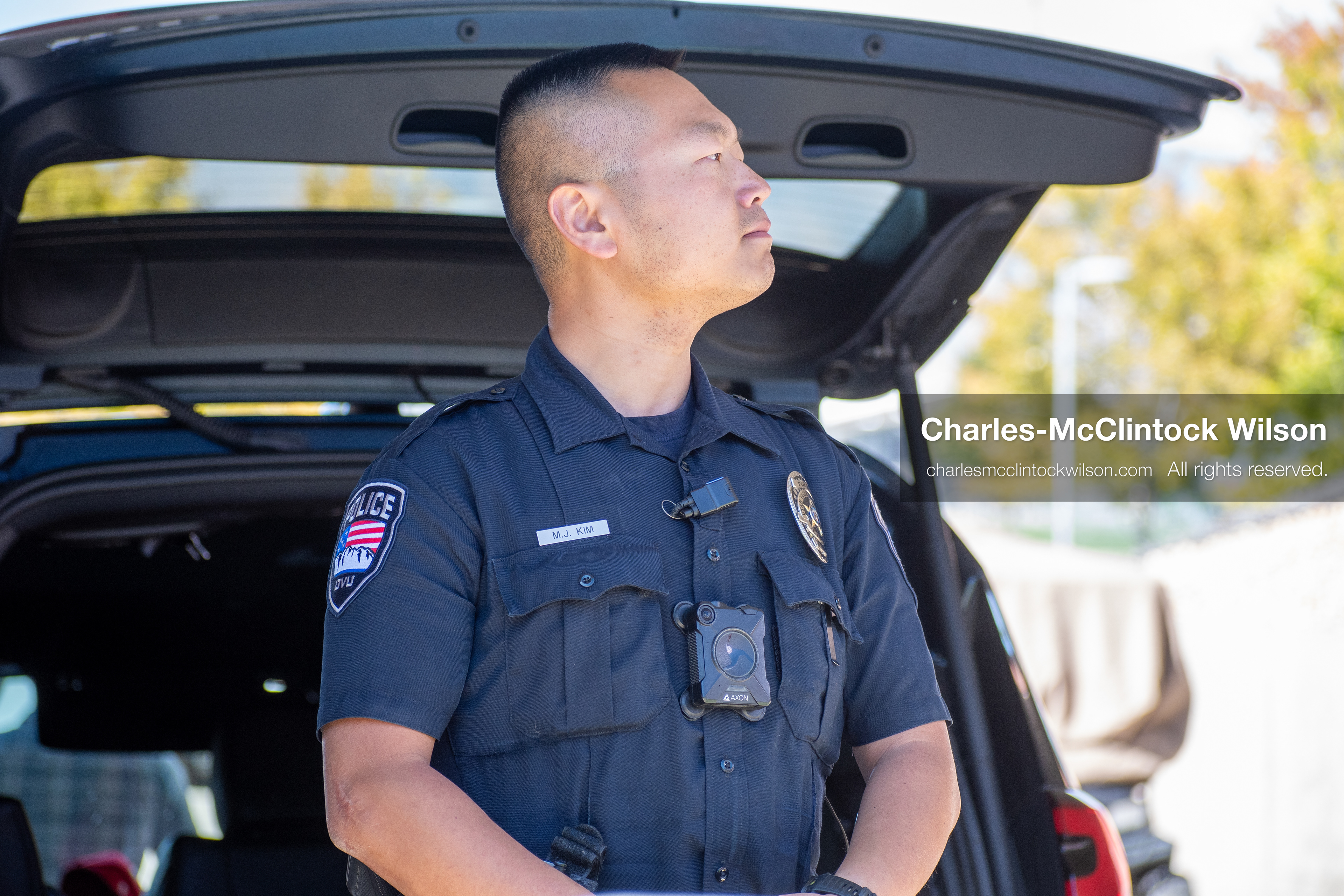 September 10, 2025 – Orem, Utah, United States: A Utah Valley University police uniform patch is seen during campus security preparations ahead of a scheduled public event featuring conservative activist Charlie Kirk. Photograph by Charles‑McClintock Wilson / ZUMA Press Wire