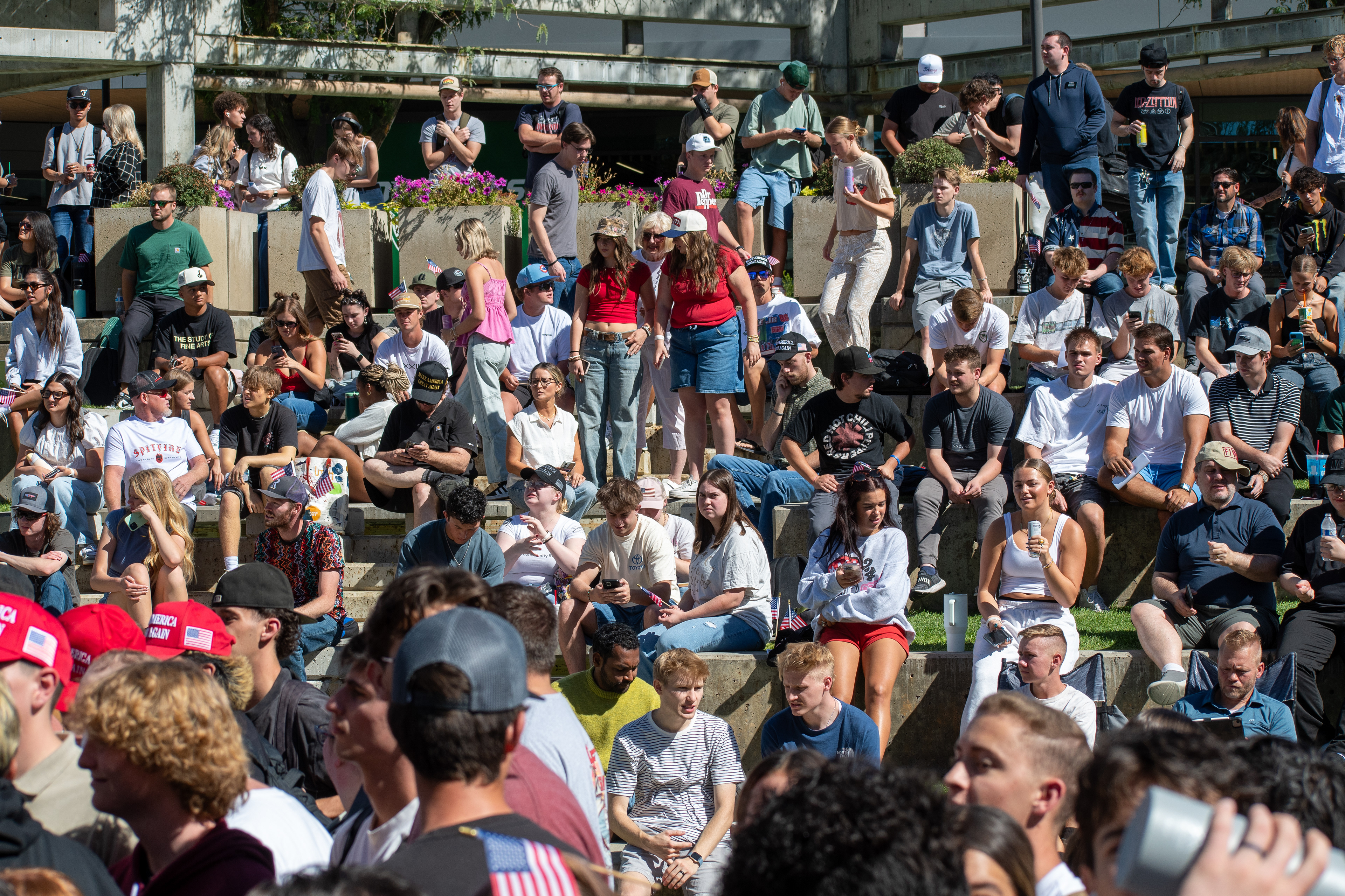 OREM, UTAH – SEPTEMBER 10, 2025: Attendees gather in close formation at Utah Valley University for the opening stop of the American Comeback Tour. The image captures a moment of shared anticipation and civic presence, reflecting the energy, emotion, and communal engagement that defined the event’s intended spirit. © Charles-McClintock Wilson / ZUMA Press