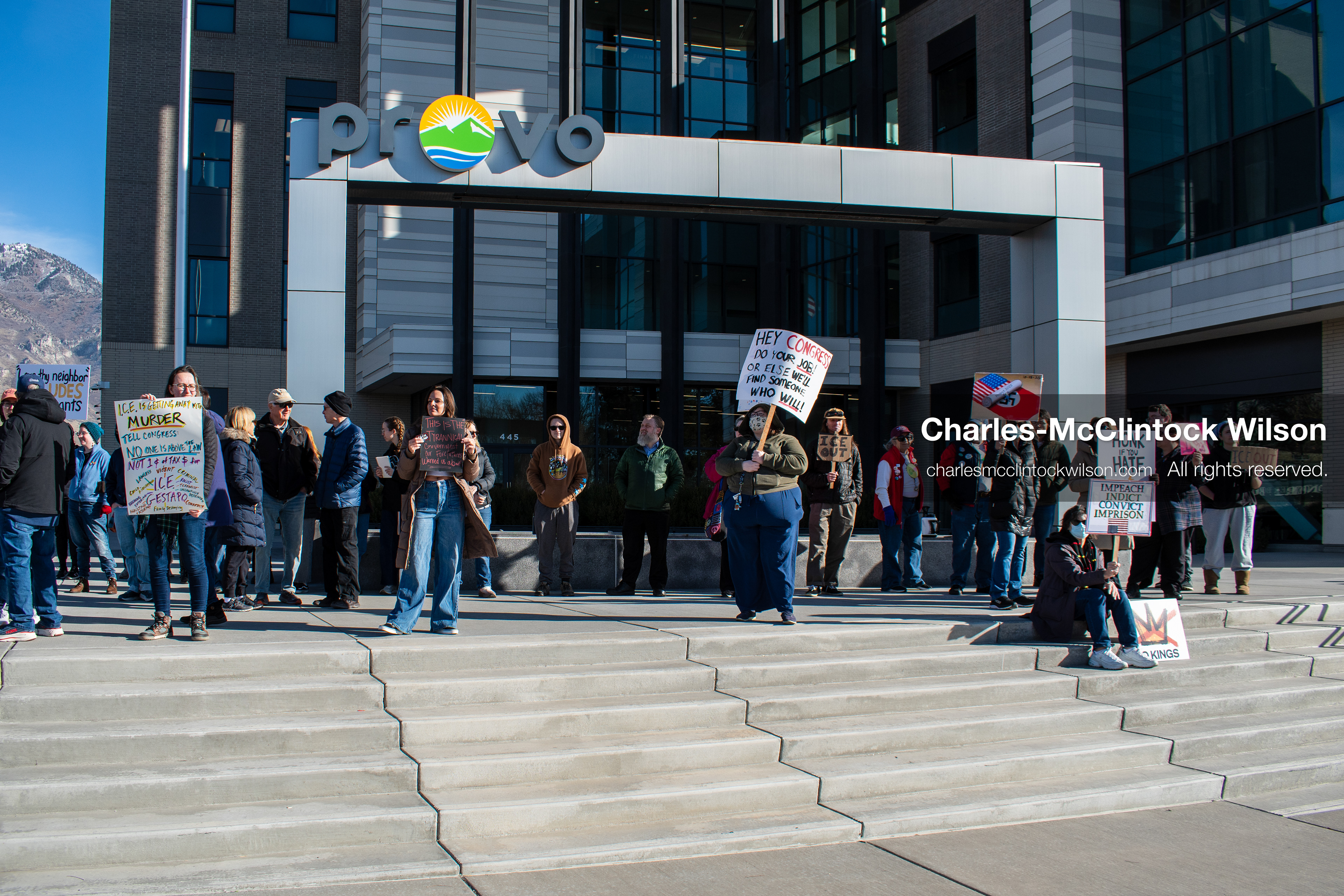 January 20, 2026, Provo, Utah, USA: Protesters gather outside Provo City Hall during the Free America Walkout protest in Provo, Utah, on January 20, 2026. Demonstrators held signs calling for justice, immigration reform, and an end to detention practices. (Credit Image: © Charles-McClintock Wilson/ZUMA Press Wire)