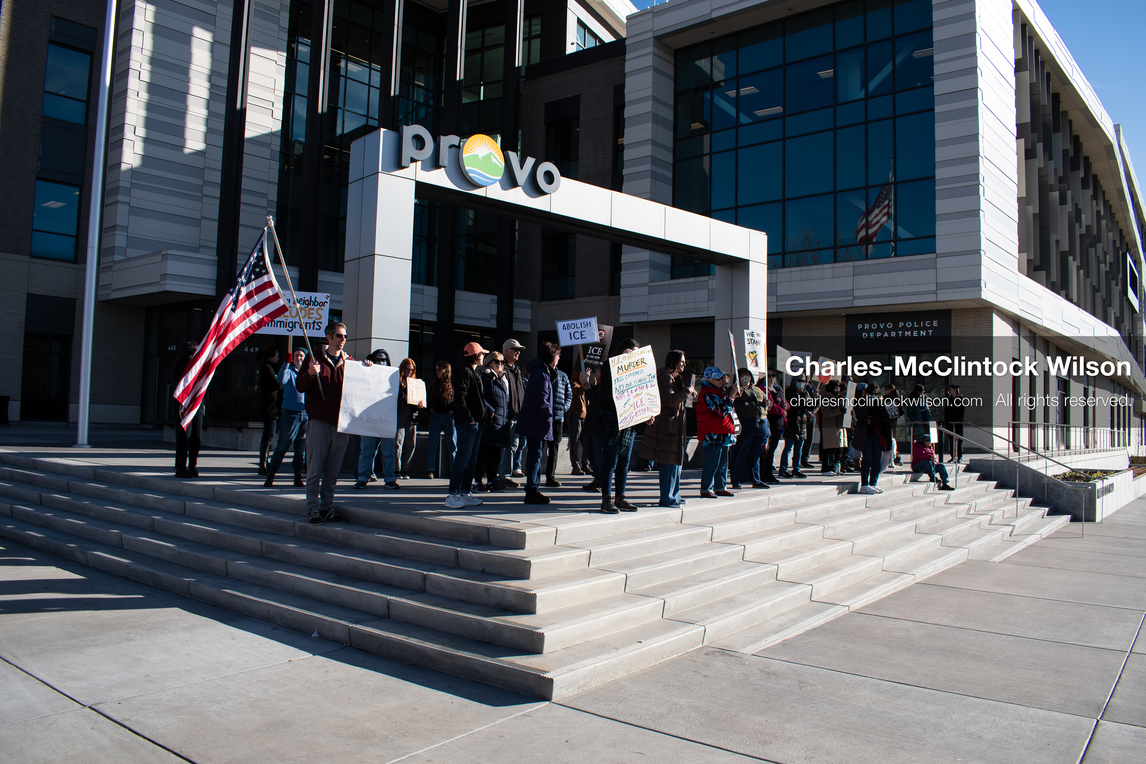 January 20, 2026, Provo, Utah, USA: Protesters gather outside Provo City Hall during the Free America Walkout protest in Provo, Utah, on January 20, 2026. Demonstrators held signs calling for justice, immigration reform, and an end to detention practices. (Credit Image: © Charles-McClintock Wilson/ZUMA Press Wire)
