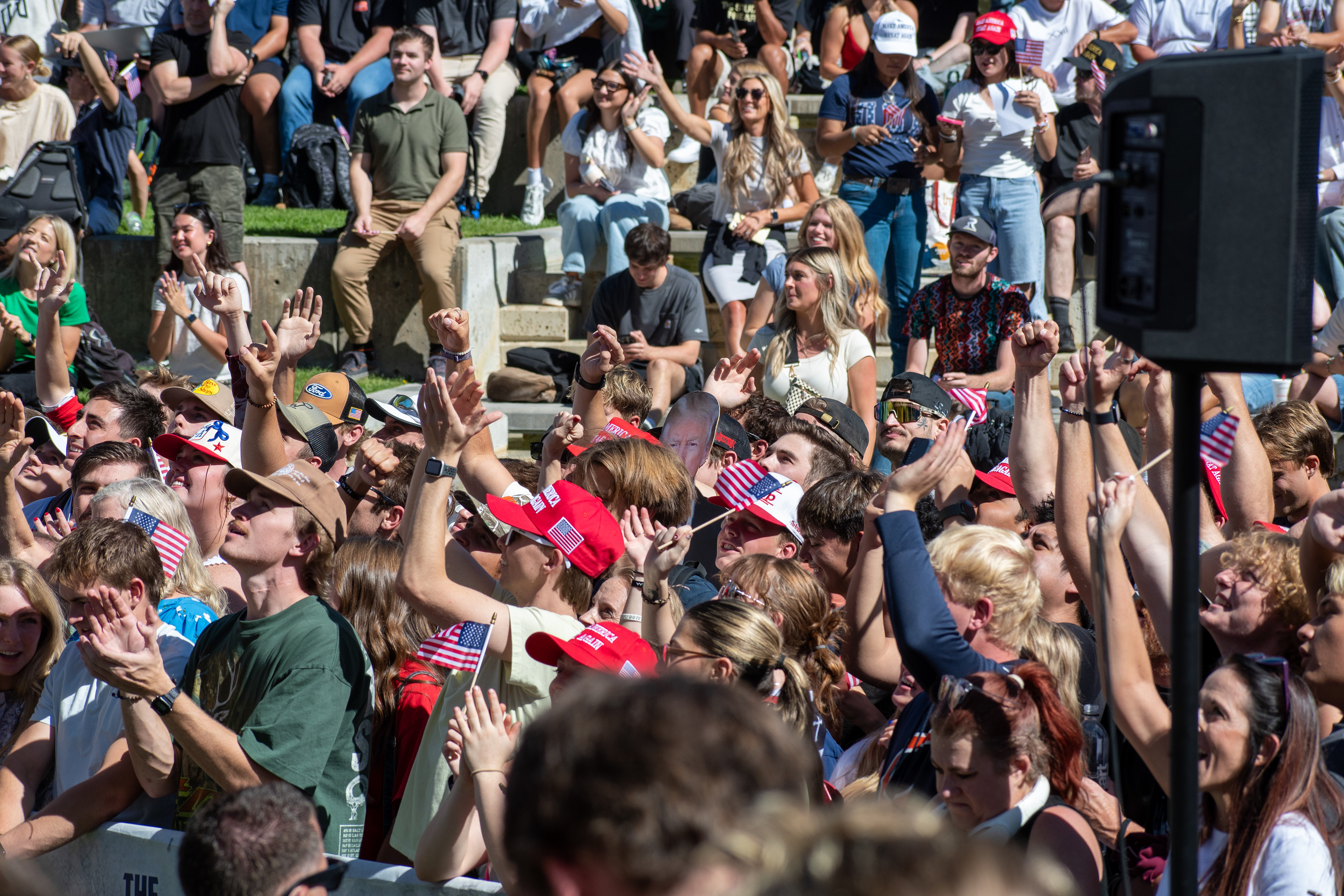  OREM, UTAH – SEPTEMBER 10, 2025: Attendees gather in close formation at Utah Valley University for the opening stop of the American Comeback Tour. The image captures a moment of shared anticipation and civic presence, reflecting the energy, emotion, and communal engagement that defined the event’s intended spirit. © Charles-McClintock Wilson / ZUMA Press