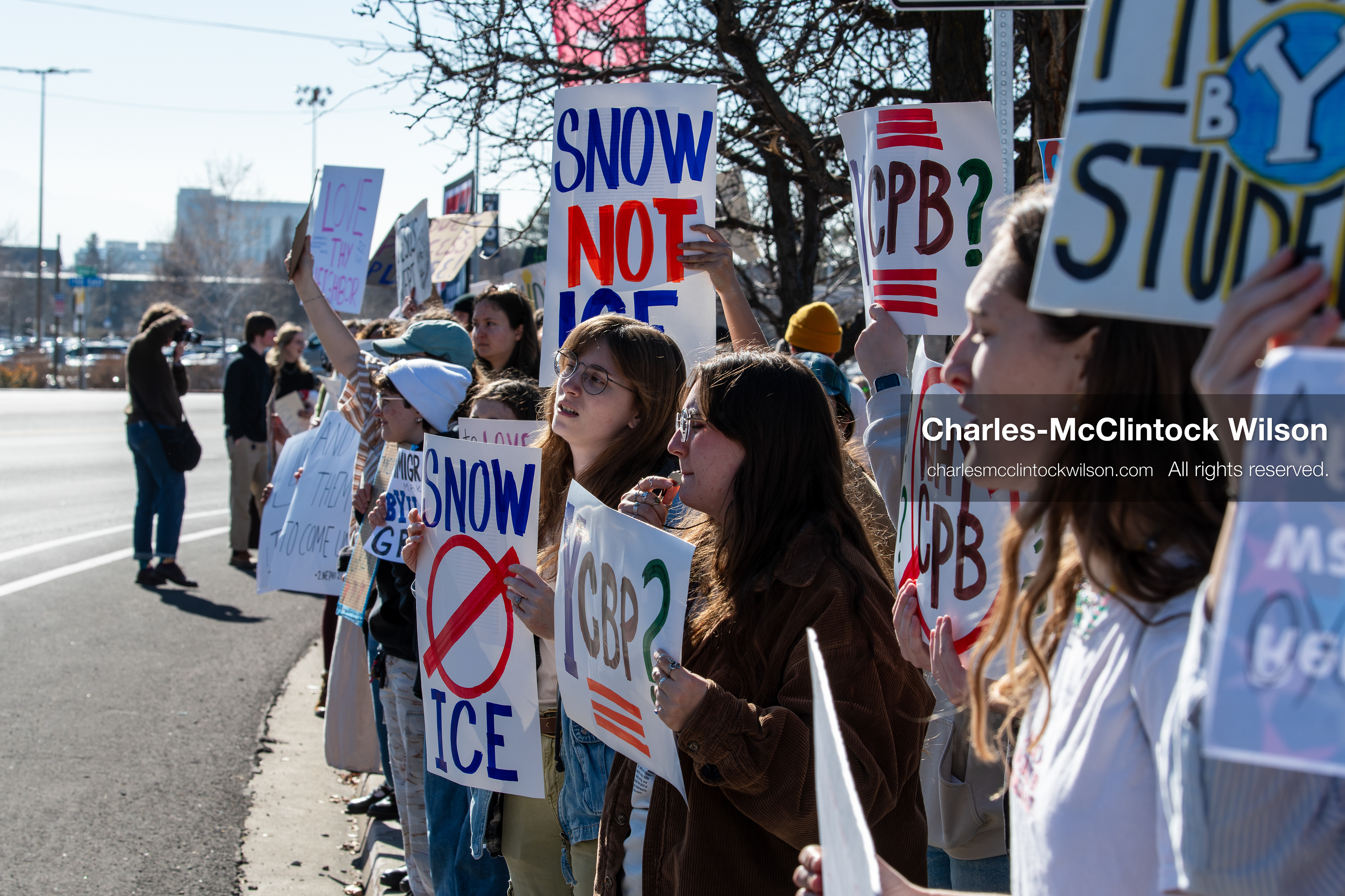 February 5, 2026, Provo, Utah, USA: Students and community members gather near Brigham Young University in Provo to demonstrate against the presence of US Customs and Border Protection recruiters at a career fair held on the BYU campus. (Credit Image: © Charles McClintock Wilson/ZUMA Press Wire)