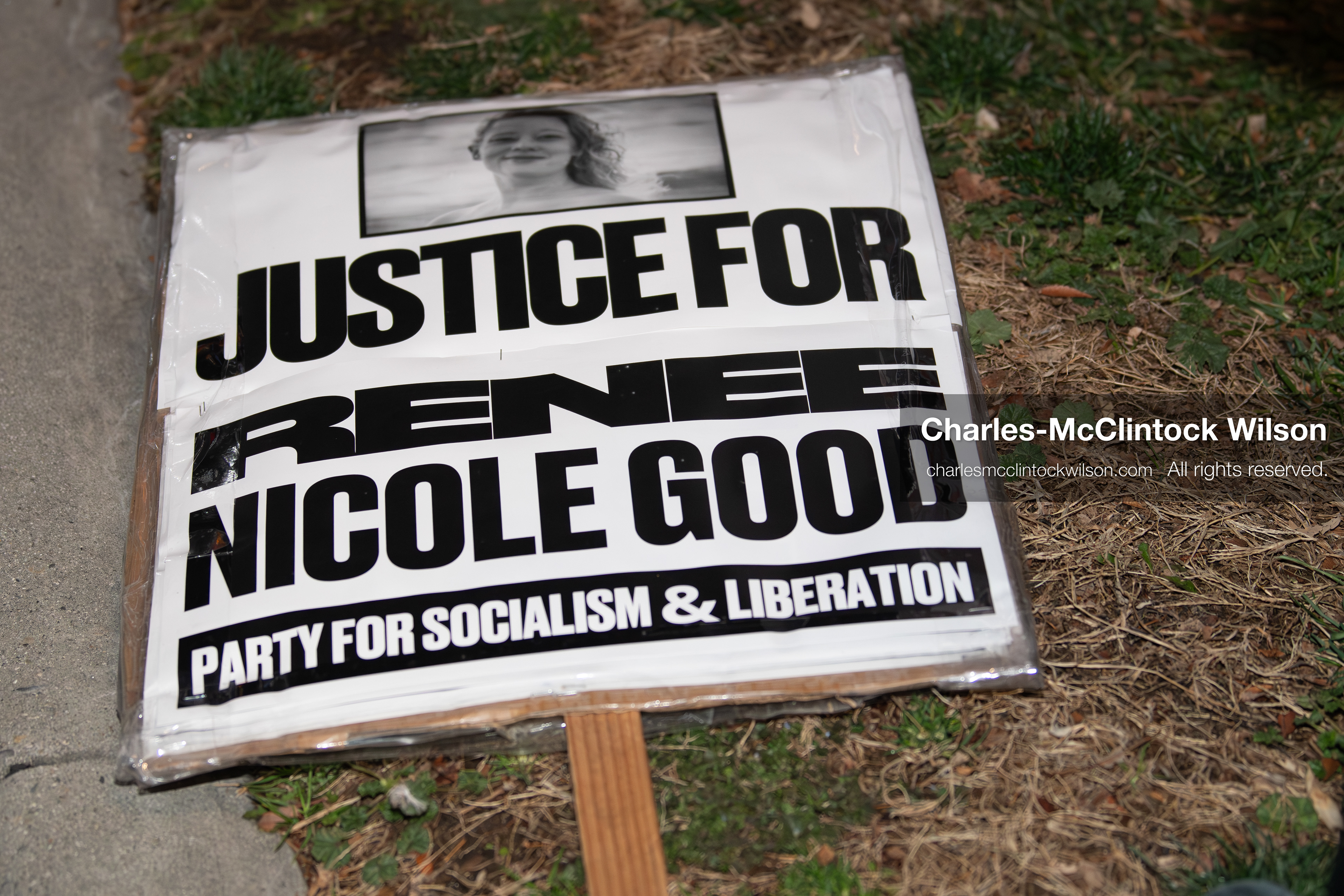 January 8, 2026, Salt Lake City, Utah, USA: A protest sign calling for justice for Renee Nicole Good lies on the ground at Pioneer Park in Salt Lake City Utah during an anti ICE demonstration on Jan 8 2026. The rally followed the death of Renee Nicole Good during an encounter with immigration authorities in Minneapolis and drew hundreds calling for accountability and changes to enforcement practices. (Credit Image: © Charles-McClintock Wilson/ZUMA Press Wire)