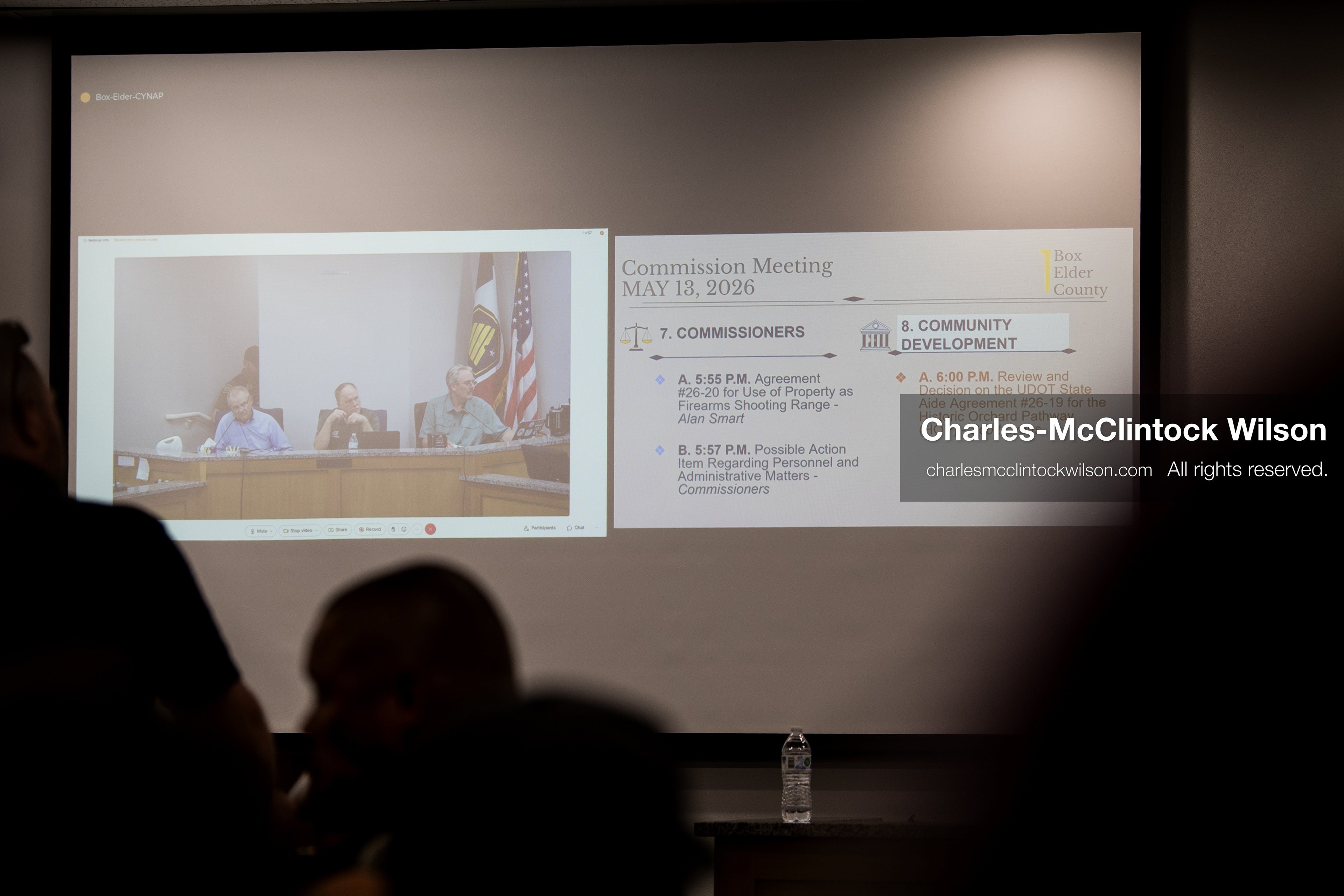 May 13, 2026, Brigham City, Utah, USA: A projection screen displays the agenda and a live video feed of commissioners during the Box Elder County Commission meeting inside the Box Elder County Justice Center in Brigham City, Utah. The meeting addressed the proposed data‑center project backed by businessman Kevin O’Leary, which has drawn public concern over water use, power demand, and transparency. (Credit Image: © Charles‑McClintock Wilson/ZUMA Press Wire)