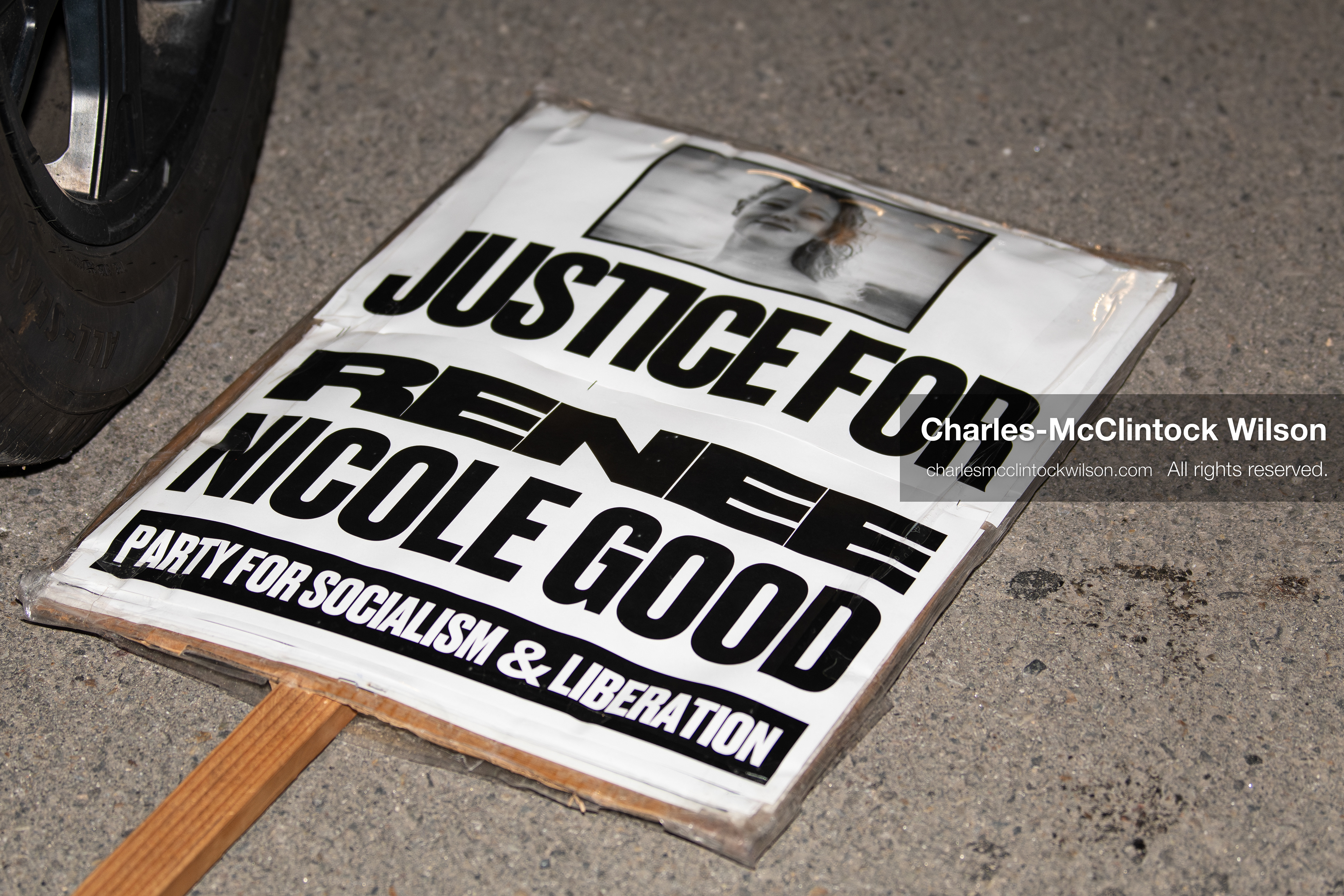 January 8, 2026, Salt Lake City, Utah, USA: A protest sign calling for justice for Renee Nicole Good lies on the ground at Pioneer Park in Salt Lake City Utah during an anti ICE demonstration on Jan 8 2026. The rally followed the death of Renee Nicole Good during an encounter with immigration authorities in Minneapolis and drew hundreds calling for accountability and changes to enforcement practices. (Credit Image: © Charles-McClintock Wilson/ZUMA Press Wire)