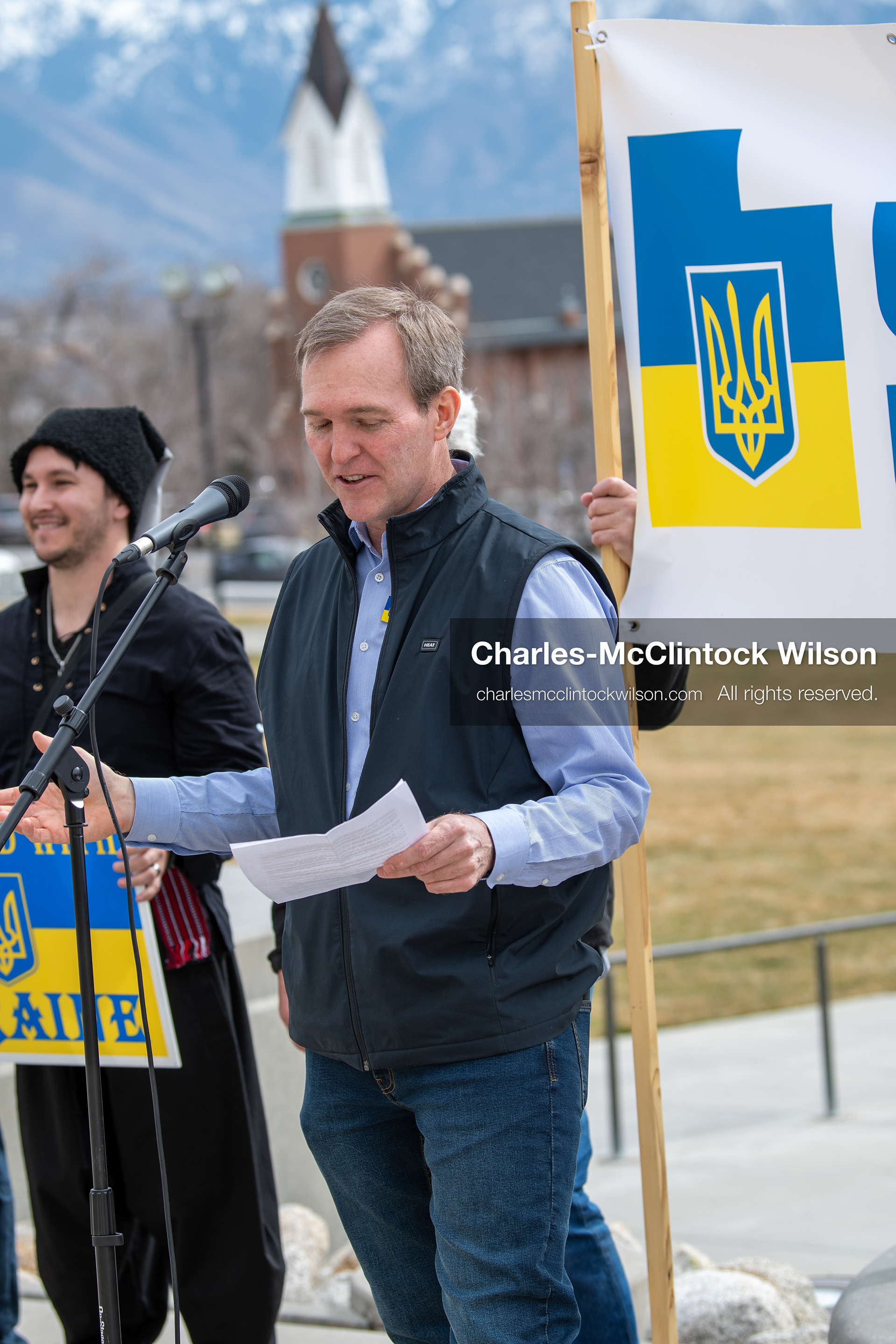 February 28, 2026, Salt Lake City, Utah, USA: Former U.S. Rep BEN MCADAMS, a Democrat from Utah and a 2026 congressional candidate, speaks during the Stand With Ukraine rally at the Utah State Capitol. The event marked the four year anniversary of the full scale Russian invasion of Ukraine and drew community members showing support for Ukrainians and local humanitarian efforts. (Credit Image: © Charles McClintock Wilson/ZUMA Press Wire)