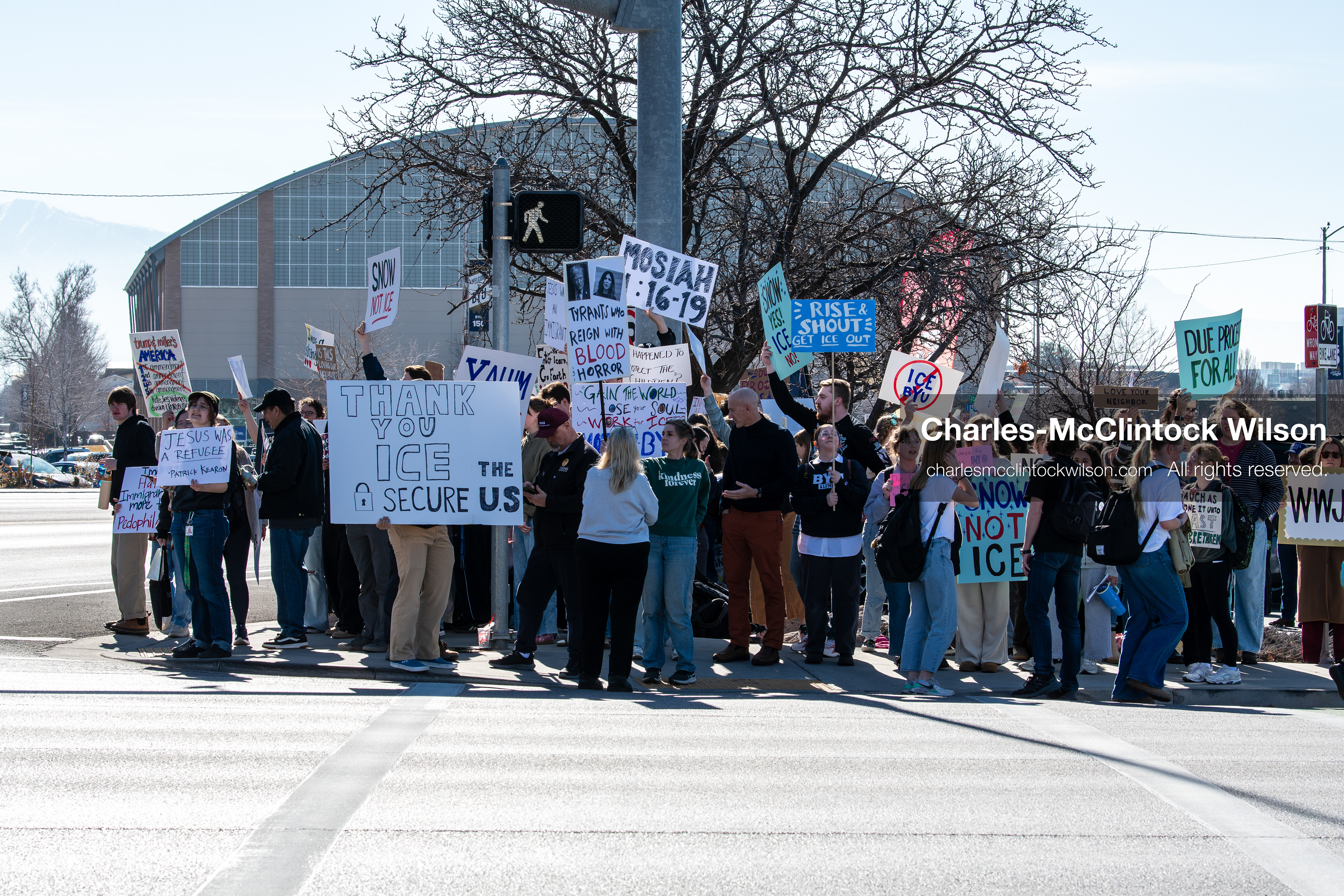 February 5, 2026, Provo, Utah, USA: Students and community members gather near Brigham Young University in Provo to demonstrate against the presence of US Customs and Border Protection recruiters at a career fair held on the BYU campus. (Credit Image: © Charles McClintock Wilson/ZUMA Press Wire)