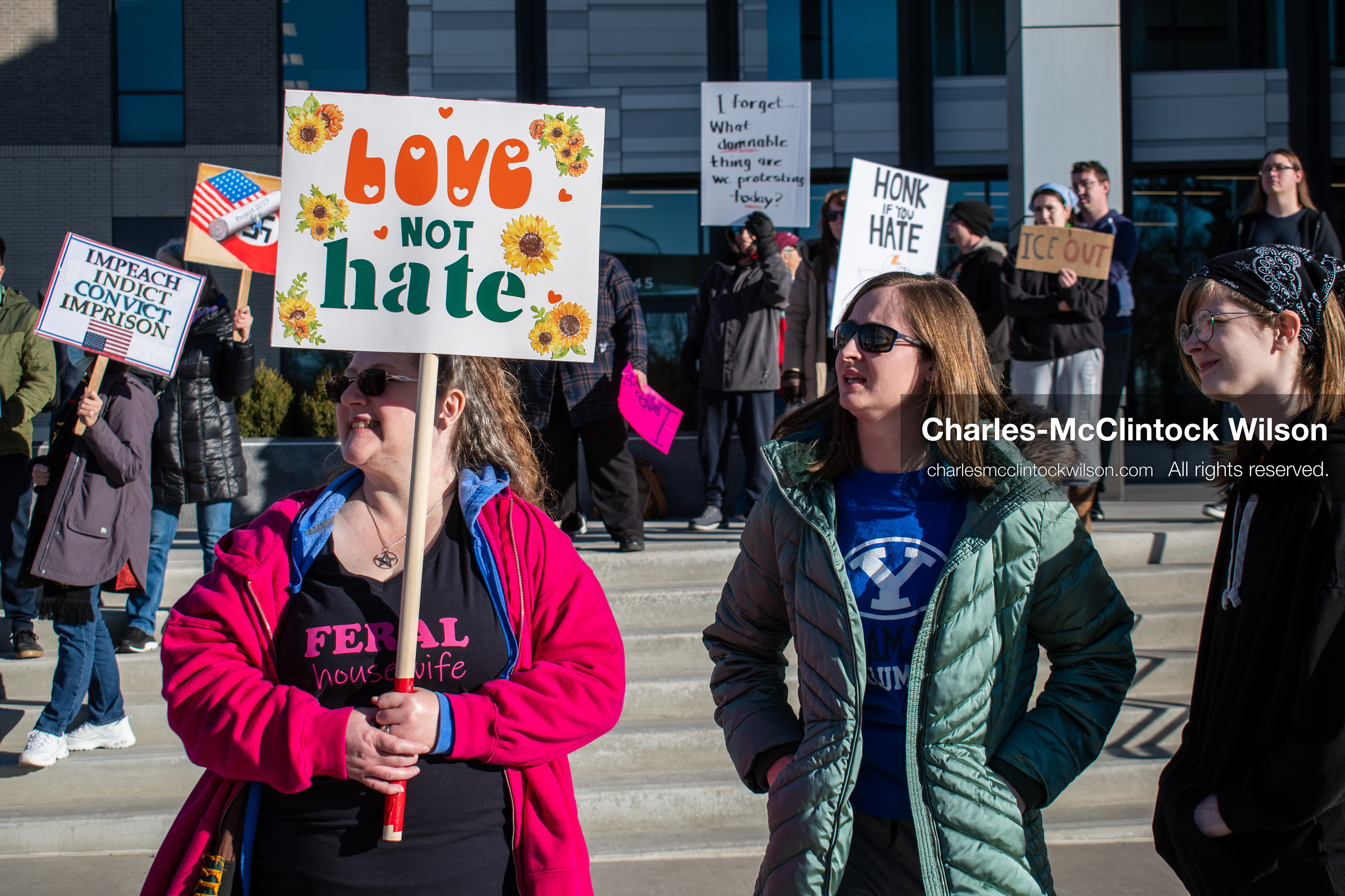 January 20, 2026, Provo, Utah, USA: Protesters gather outside Provo City Hall during the Free America Walkout protest in Provo, Utah, on January 20, 2026. Demonstrators held signs calling for justice, immigration reform, and an end to detention practices. (Credit Image: © Charles-McClintock Wilson/ZUMA Press Wire)