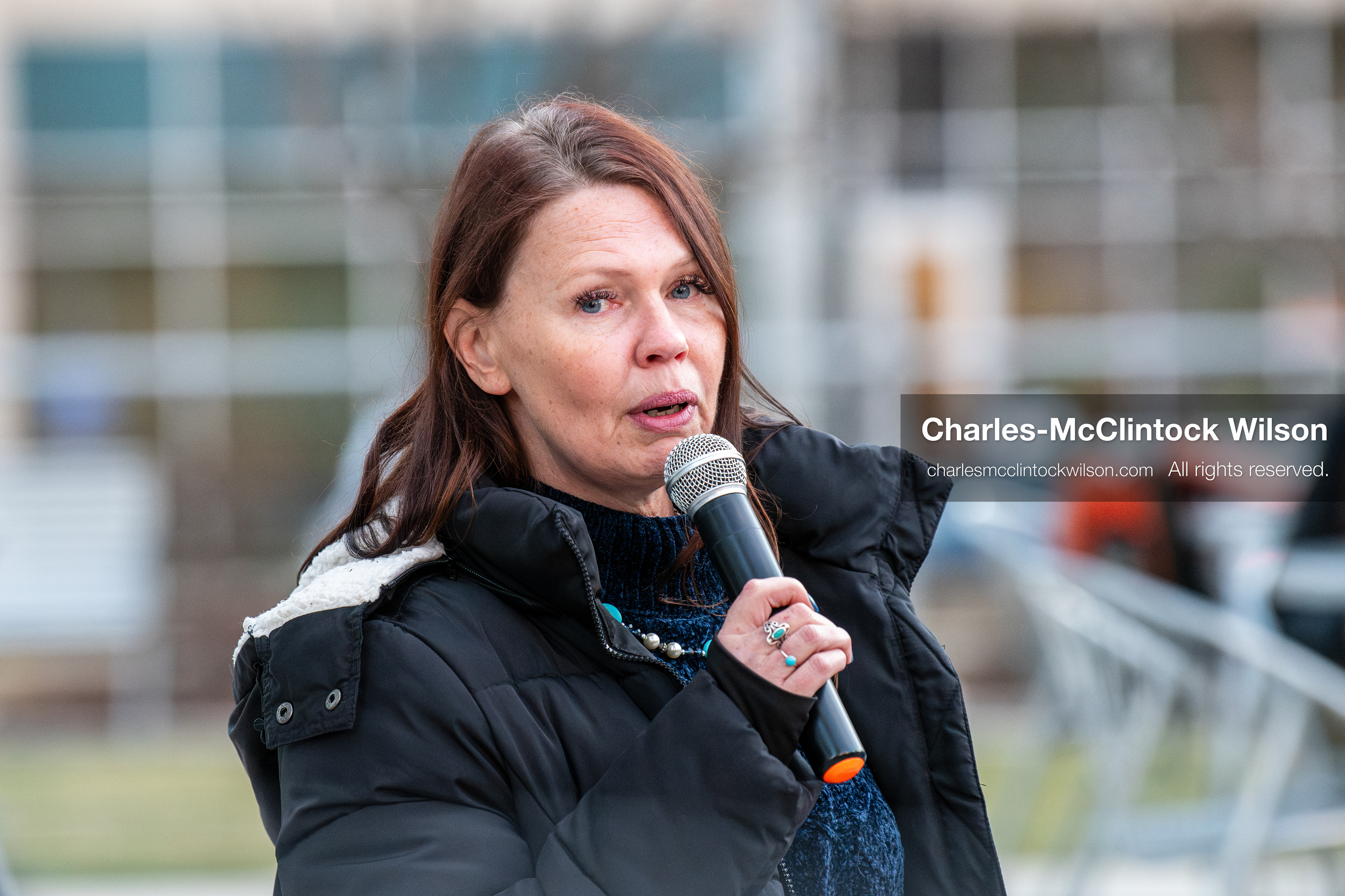 January 5, 2026, Salt Lake City, Utah, USA: A demonstrator speaks during a protest outside the Wallace Federal Building in Salt Lake City, Utah. The rally, organized by Salt Lake Indivisible, called for congressional limits on presidential war powers following recent US military actions in Venezuela involving the government of Nicolas Maduro. Attendees signed petitions addressed to Utah US senators Mike Lee and John Curtis. (Credit Image: (c) Charles‑McClintock Wilson/ZUMA Press Wire)