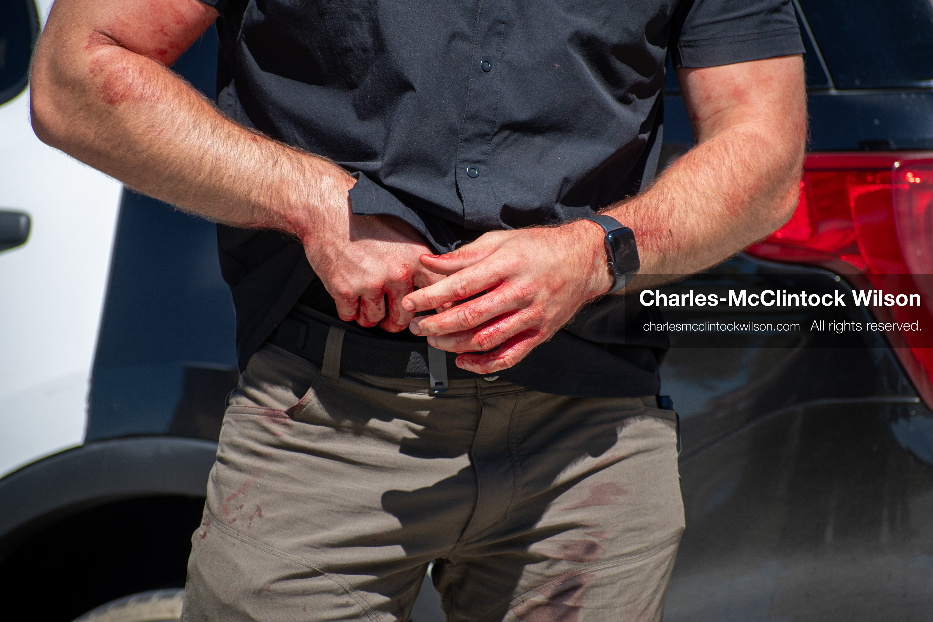 September 10, 2025, Orem, Utah, USA: A law enforcment officer with blood on his hands after a suspect is arrested in the shooting of right-wing pundit Charlie Kirk, the CEO and co-founder of the conservative youth organization Turning Point USA, Wednesday during an event at Utah Valley University. (Credit Image: © Charles-McClintock Wilson/ZUMA Press Wire)