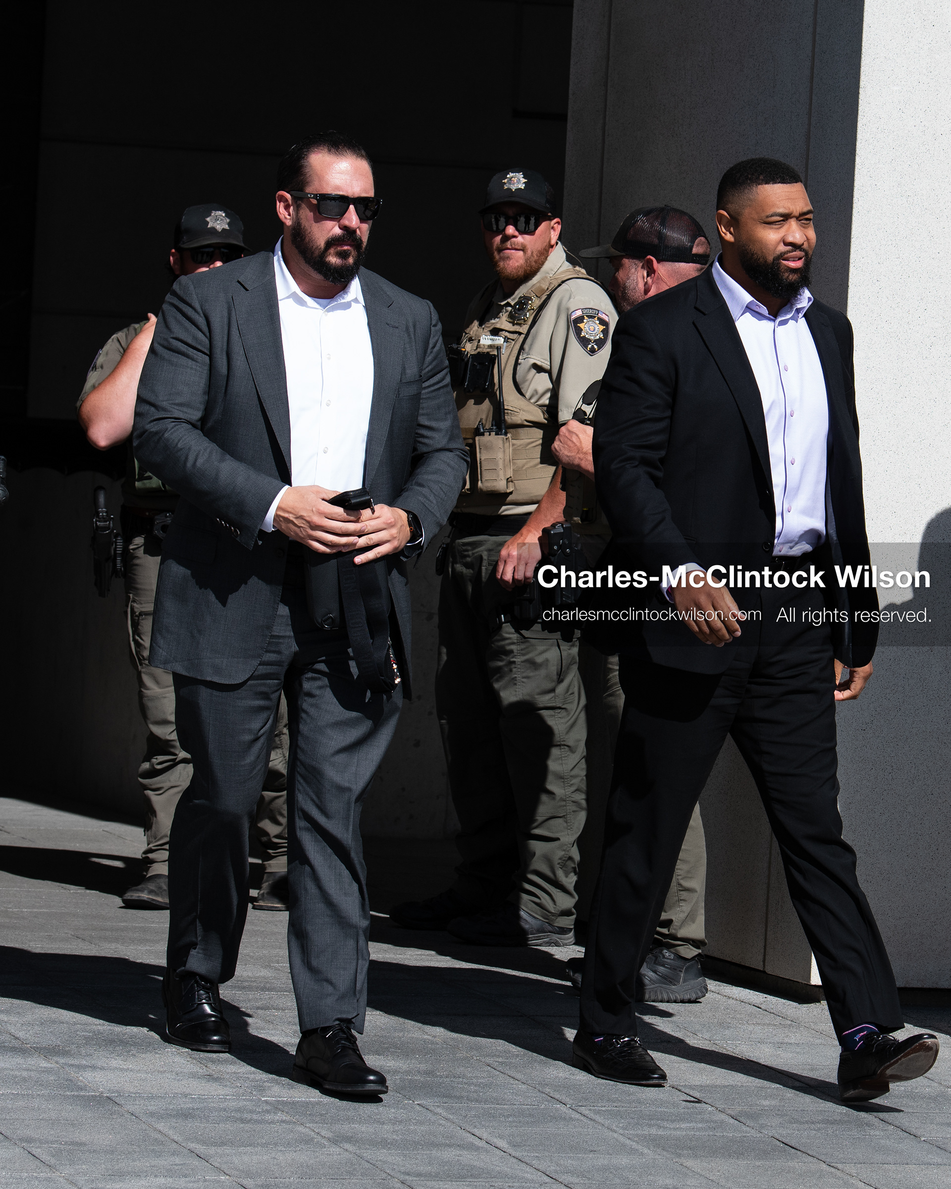 July 7, 2026, Provo, Utah, USA: BRANDON TATUM, right, a conservative commentator and former police officer, leaves the Fourth District Court in Provo following the second day of the preliminary hearing in the Tyler Robinson case. Prosecutors are continuing to present evidence to determine whether probable cause exists for the case to proceed to trial after conservative activist Charlie Kirk was fatally shot at Utah Valley University in 2025. (Credit Image: © Charles-McClintock Wilson/ZUMA Press Wire)