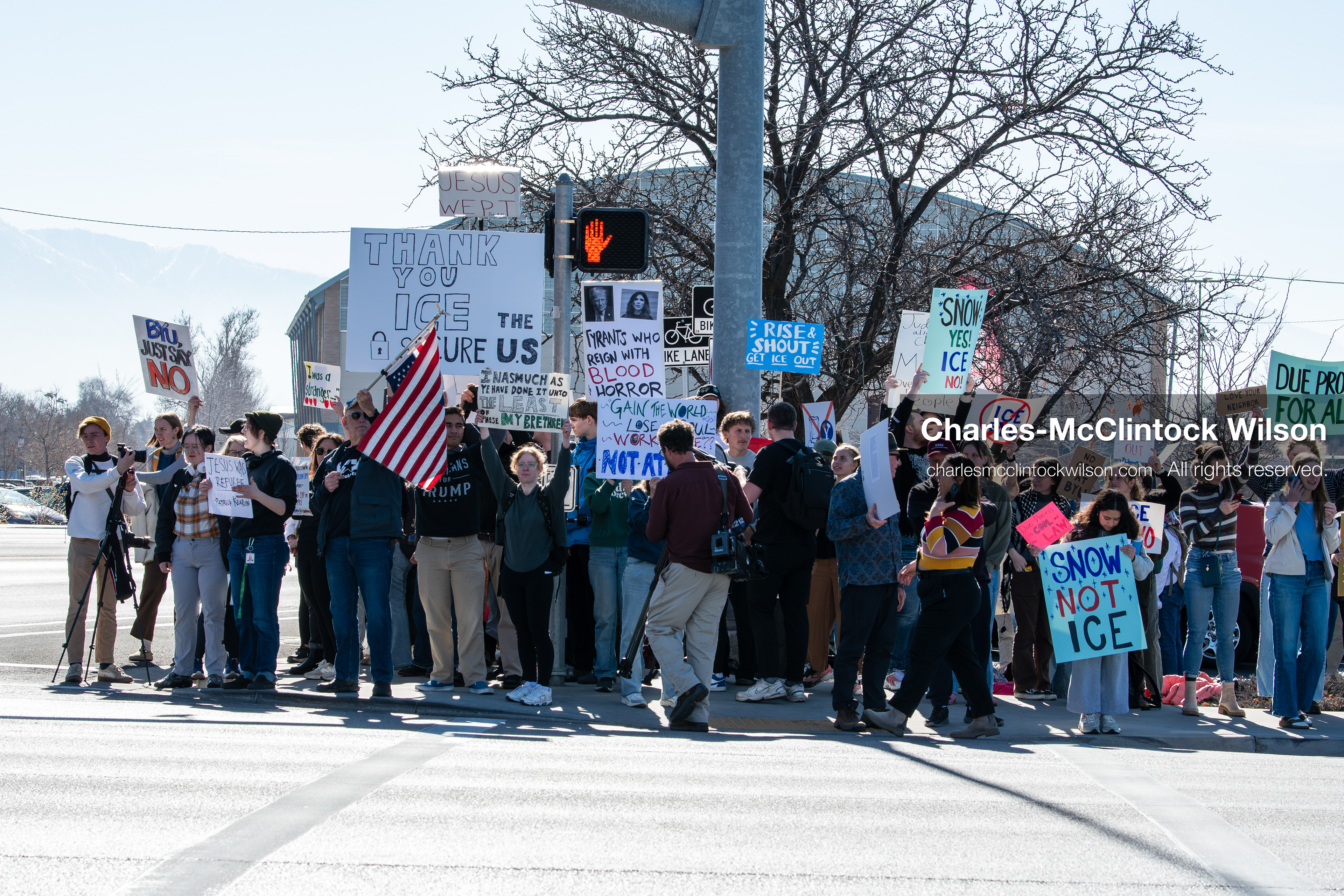 February 5, 2026, Provo, Utah, USA: Students and community members gather near Brigham Young University in Provo to demonstrate against the presence of US Customs and Border Protection recruiters at a career fair held on the BYU campus. (Credit Image: © Charles McClintock Wilson/ZUMA Press Wire)