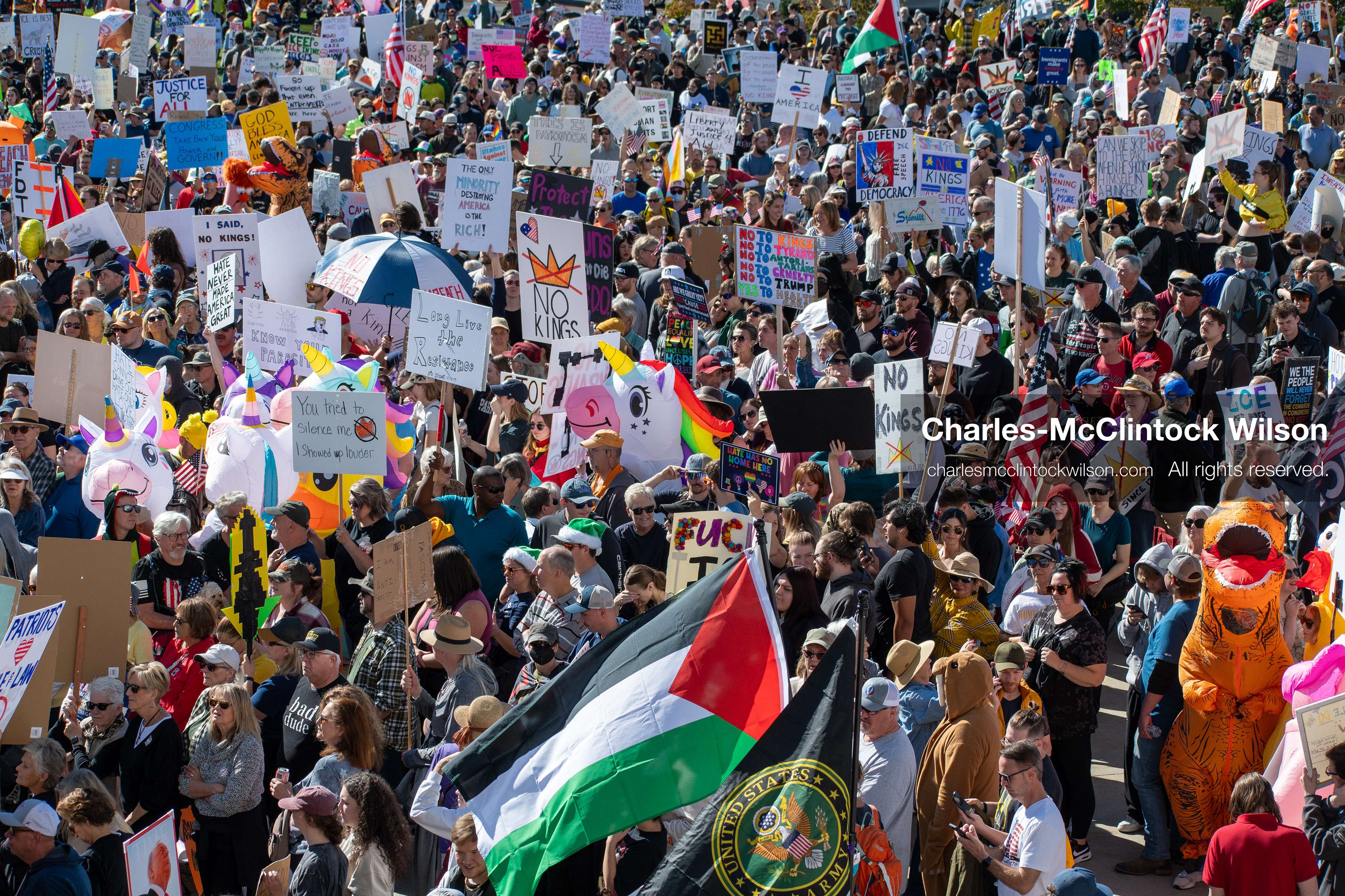 October 18, 2025, Salt Lake City, Utah, USA: Demonstrators participate in a "No Kings" protest held at the Utah State Capitol. Participants hold signs and flags during the public gathering.