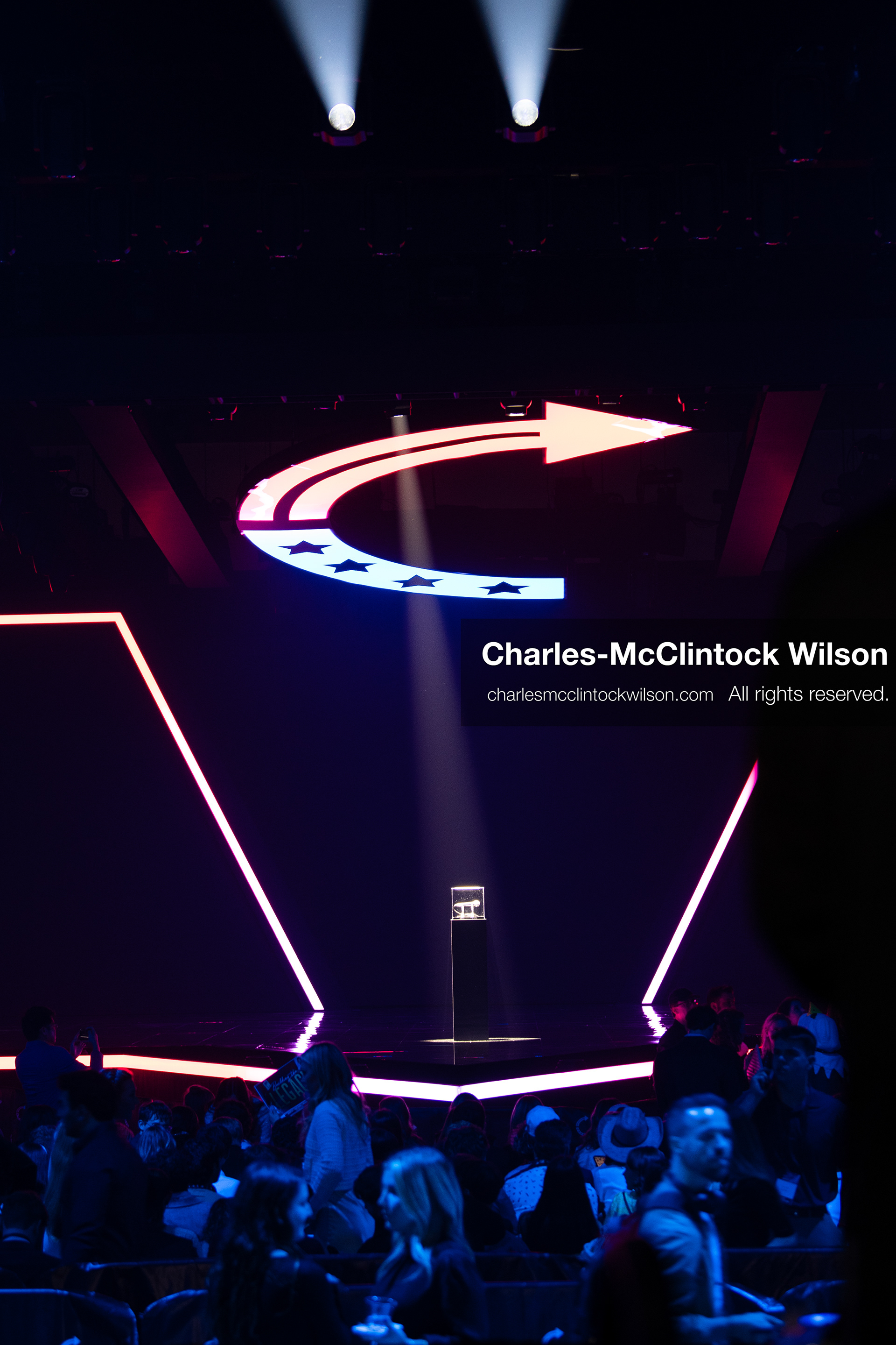 December 18, 2025, Phoenix, Arizona, USA: A lone microphone sits onstage in honor of Charlie Kirk during AmericaFest 2025 at the Phoenix Convention Center. (Credit Image: (c) Charles-McClintock Wilson/ZUMA Press Wire)