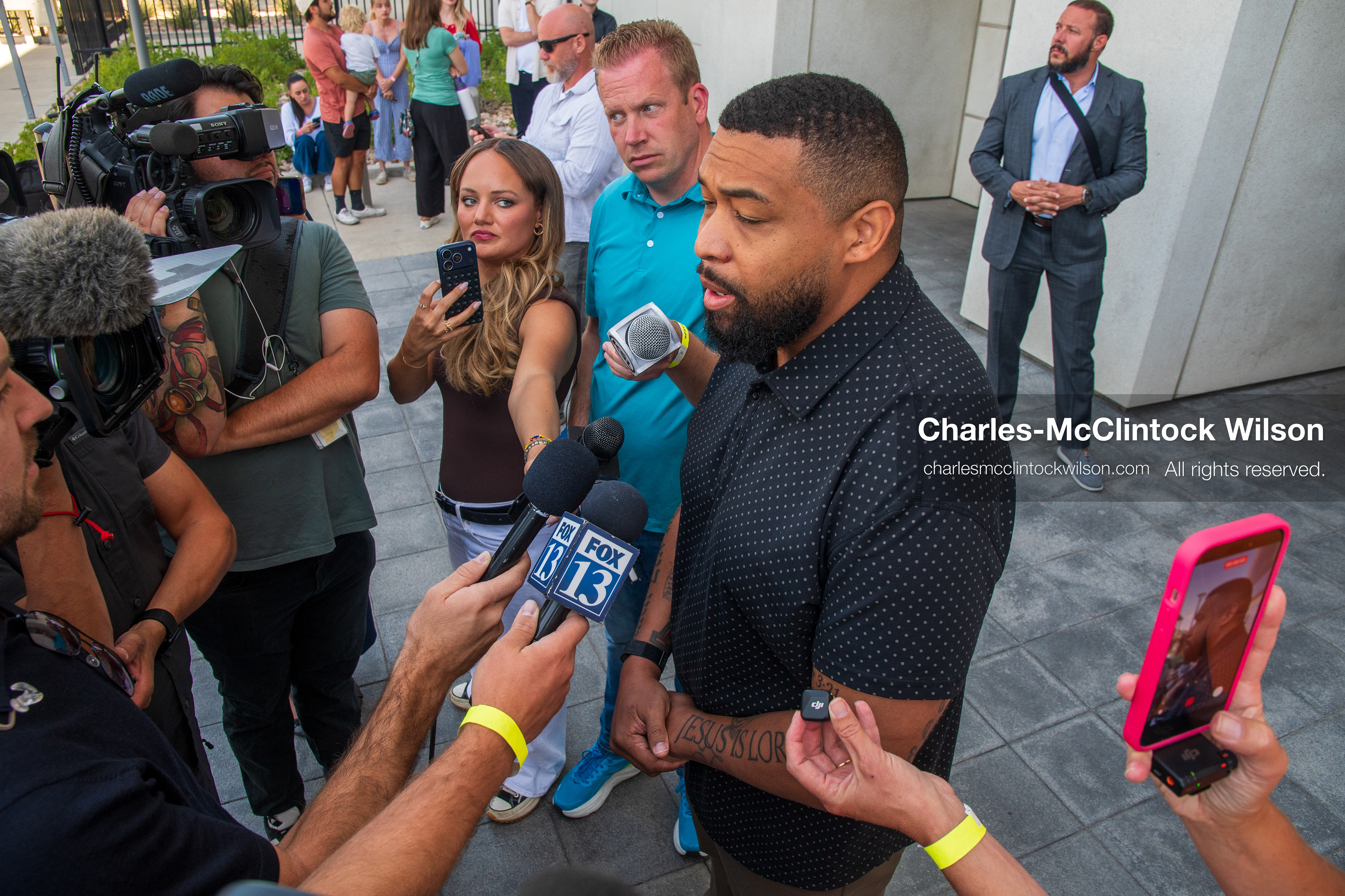 July 10, 2026, Provo, Utah, USA: BRANDON TATUM, conservative commentator and former police officer, speaks to members of the media outside the Fourth District Court in Provo, Utah, on the final day of the preliminary hearing in the Tyler Robinson case. (Credit Image: © Charles-McClintock Wilson/ZUMA Press Wire)