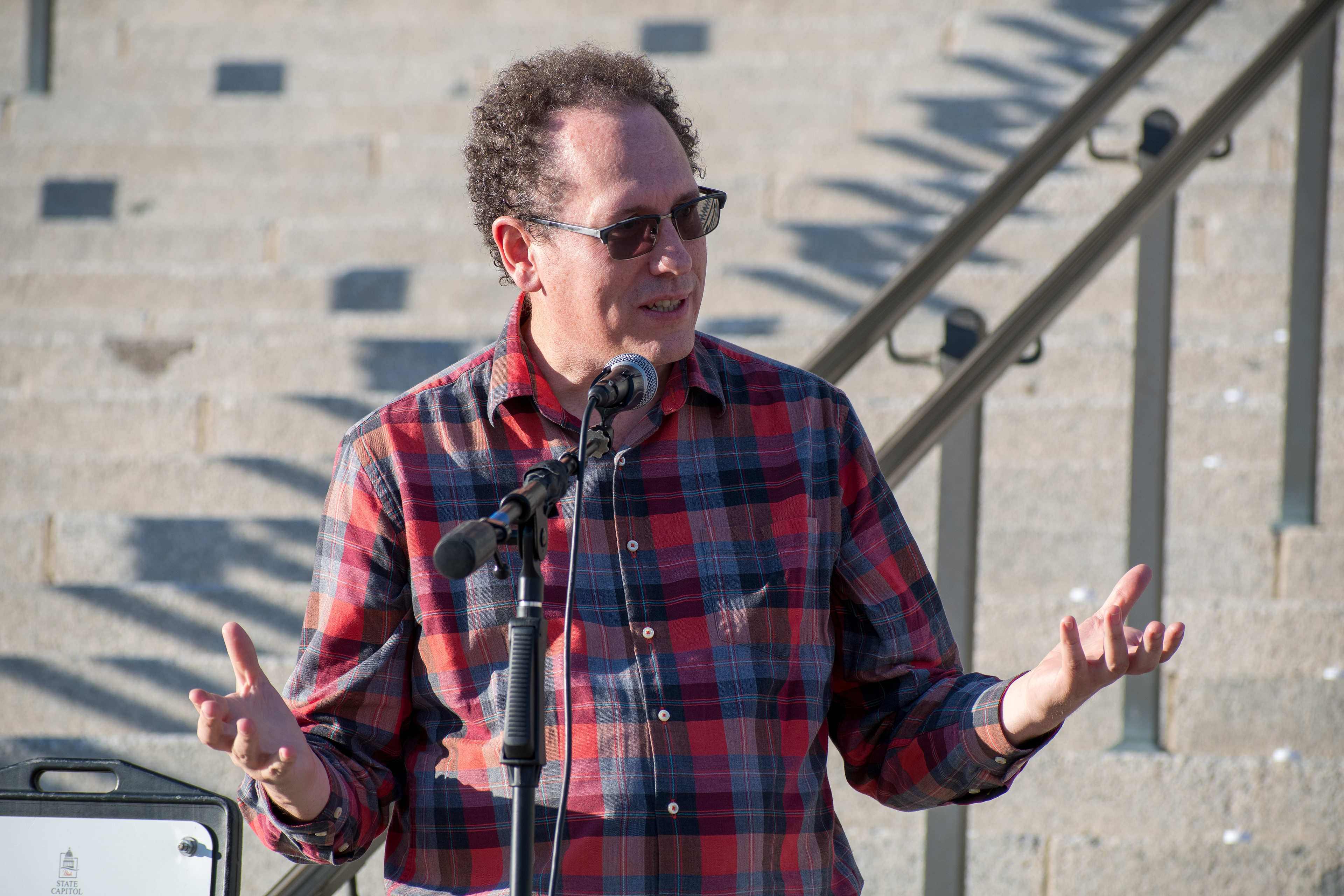 October 10, 2025, Salt Lake City, Utah, USA: A speaker addresses attendees during the Free Palestine Rally organized in front of the Utah State Capitol. (Credit Image: © Charles-McClintock Wilson/ZUMA Press Wire)